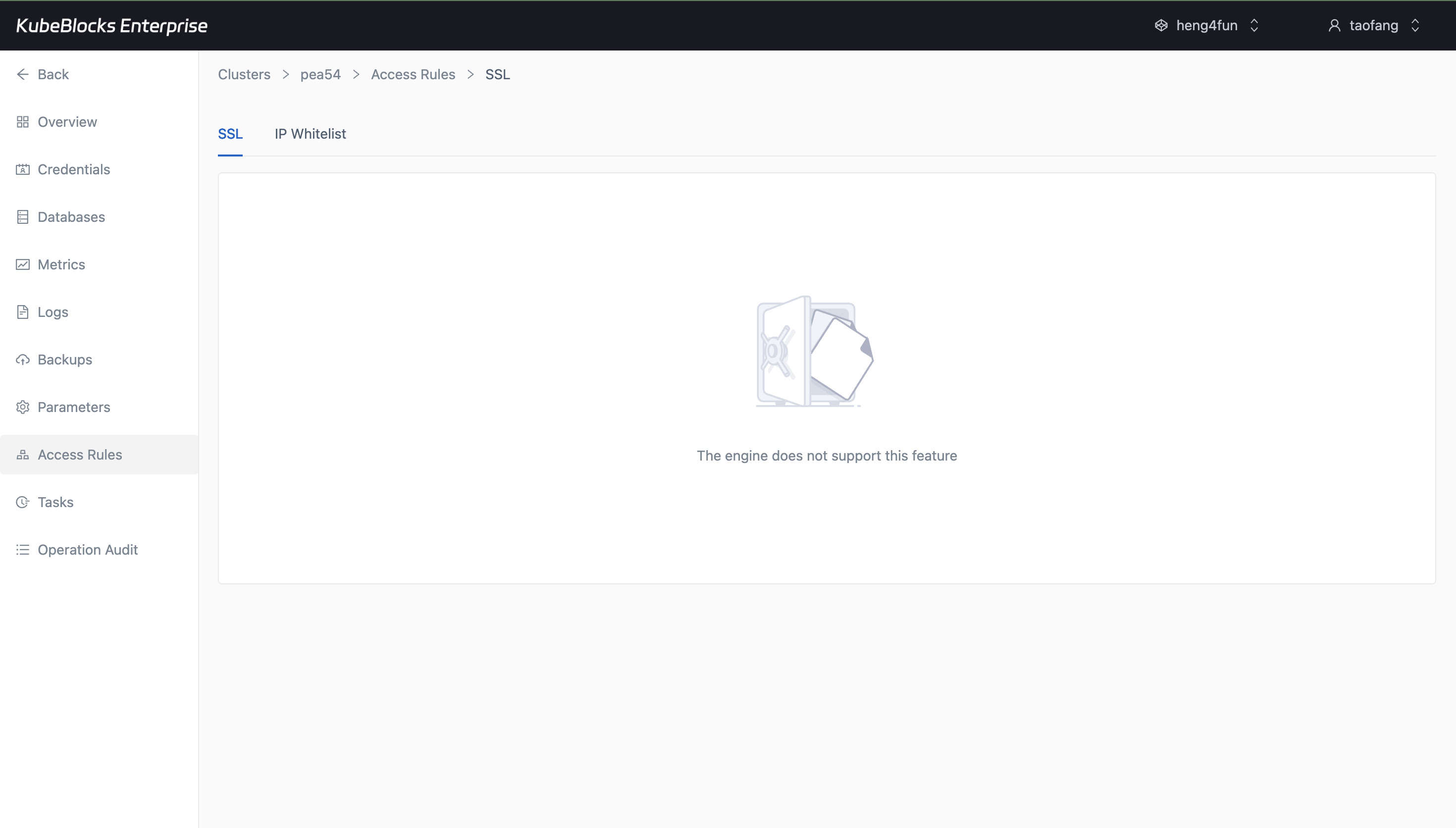 KubeBlocks Enterprise ClickHouse Access Rules page showing SSL and IP Whitelist tabs with unsupported state