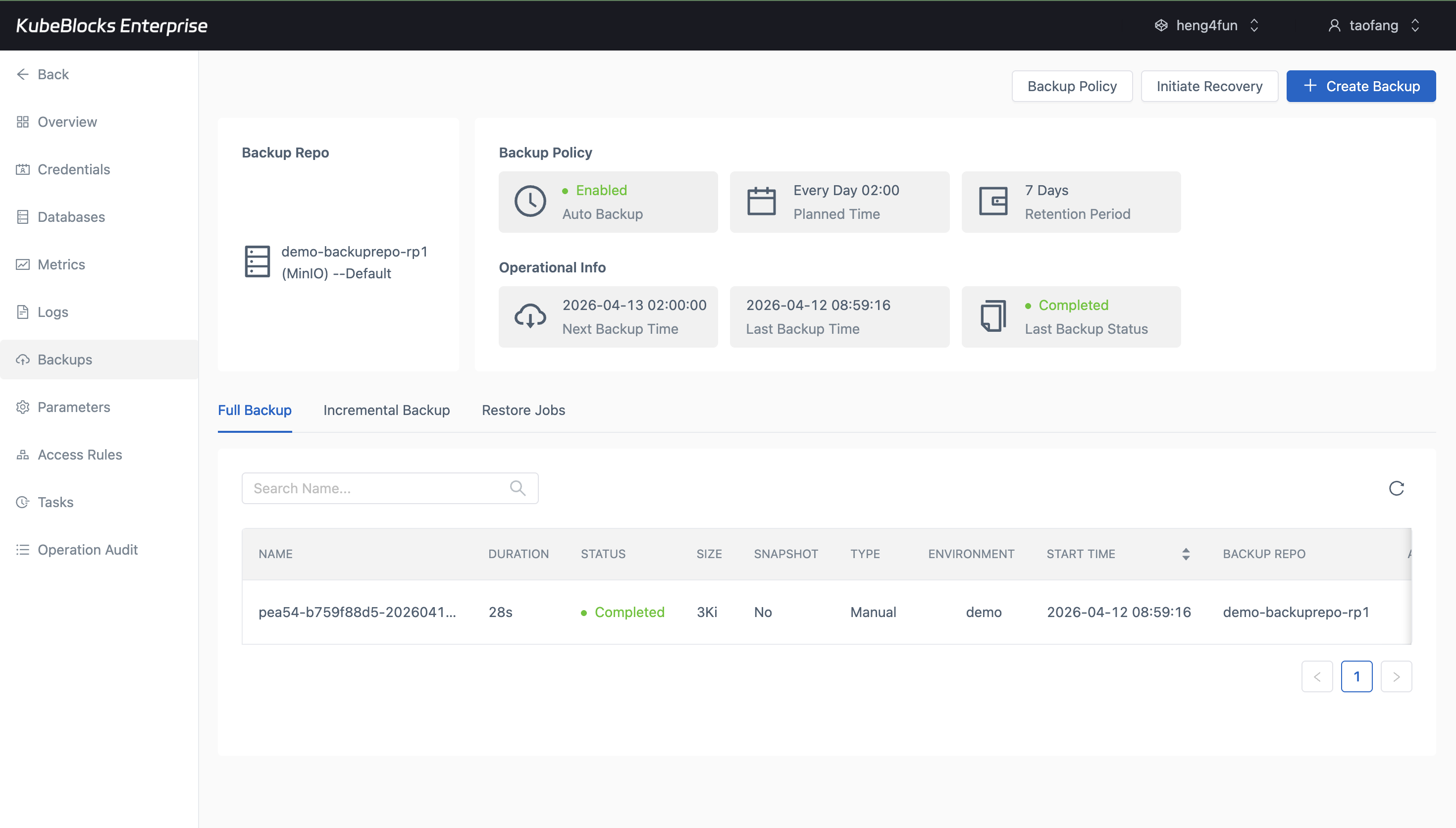 KubeBlocks Enterprise ClickHouse Backups page showing a completed full backup record