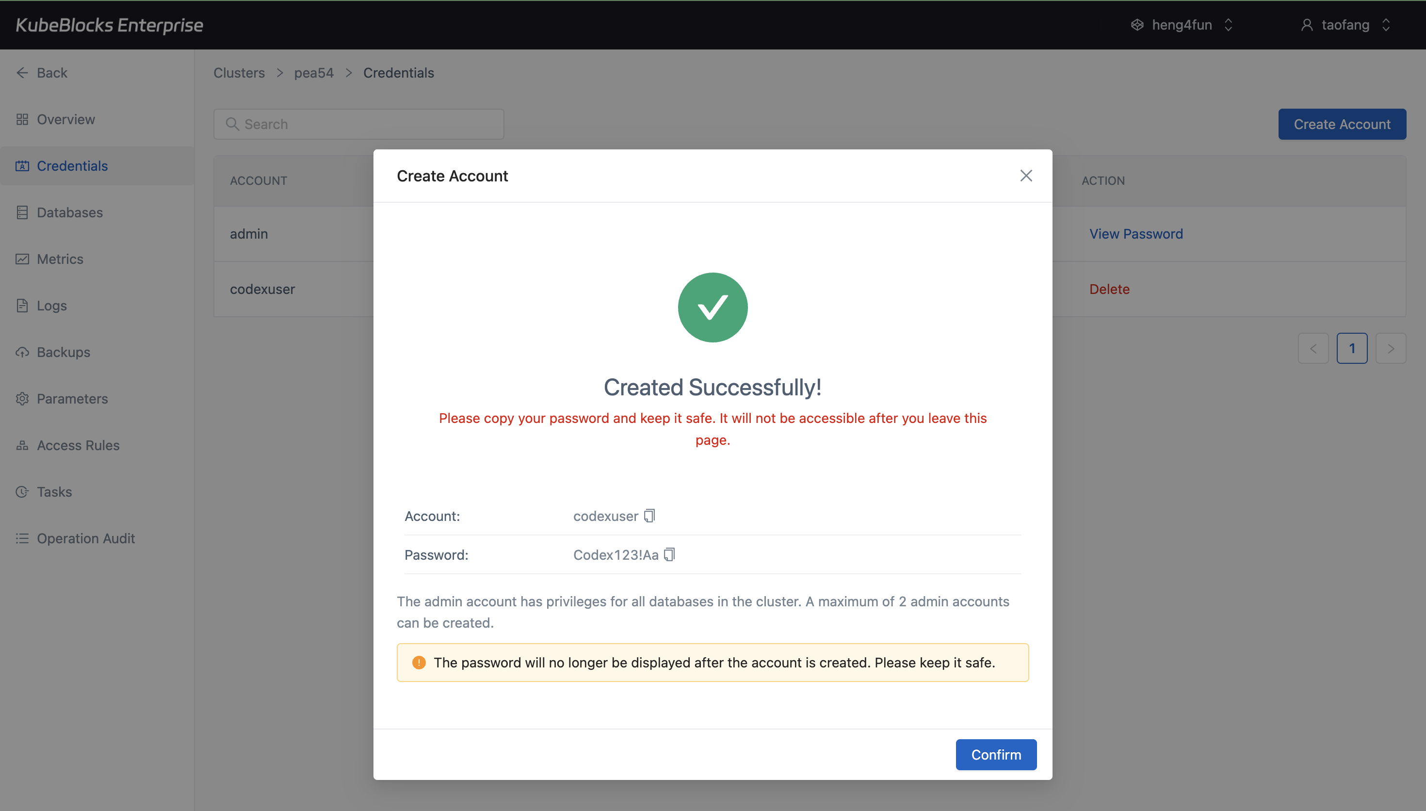 KubeBlocks Enterprise ClickHouse Credentials page showing a created account and one-time password