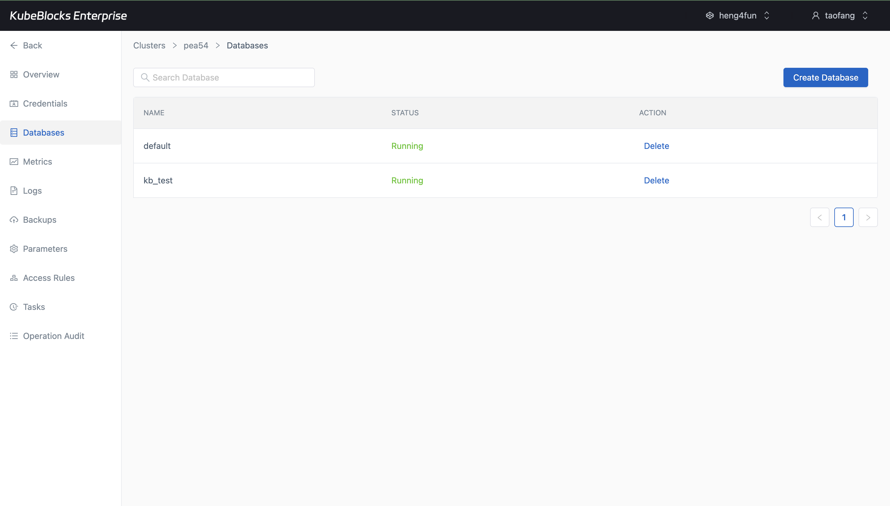 KubeBlocks Enterprise ClickHouse Databases page showing a newly created database
