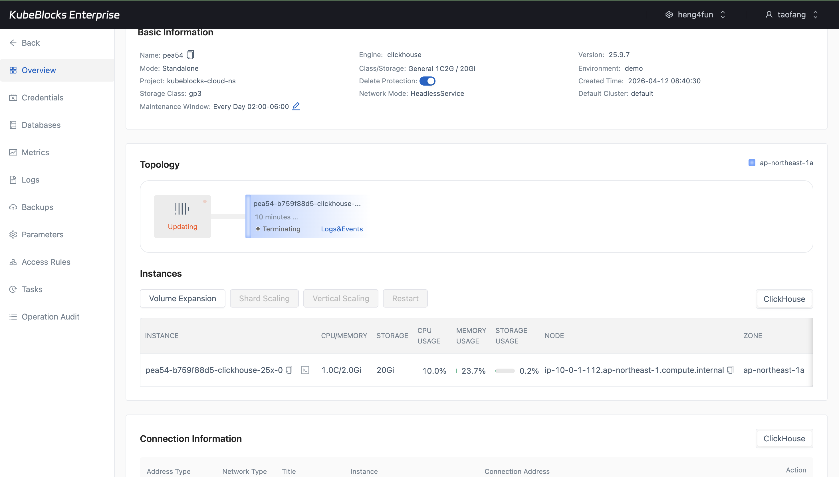 KubeBlocks Enterprise ClickHouse overview showing a restart task in progress