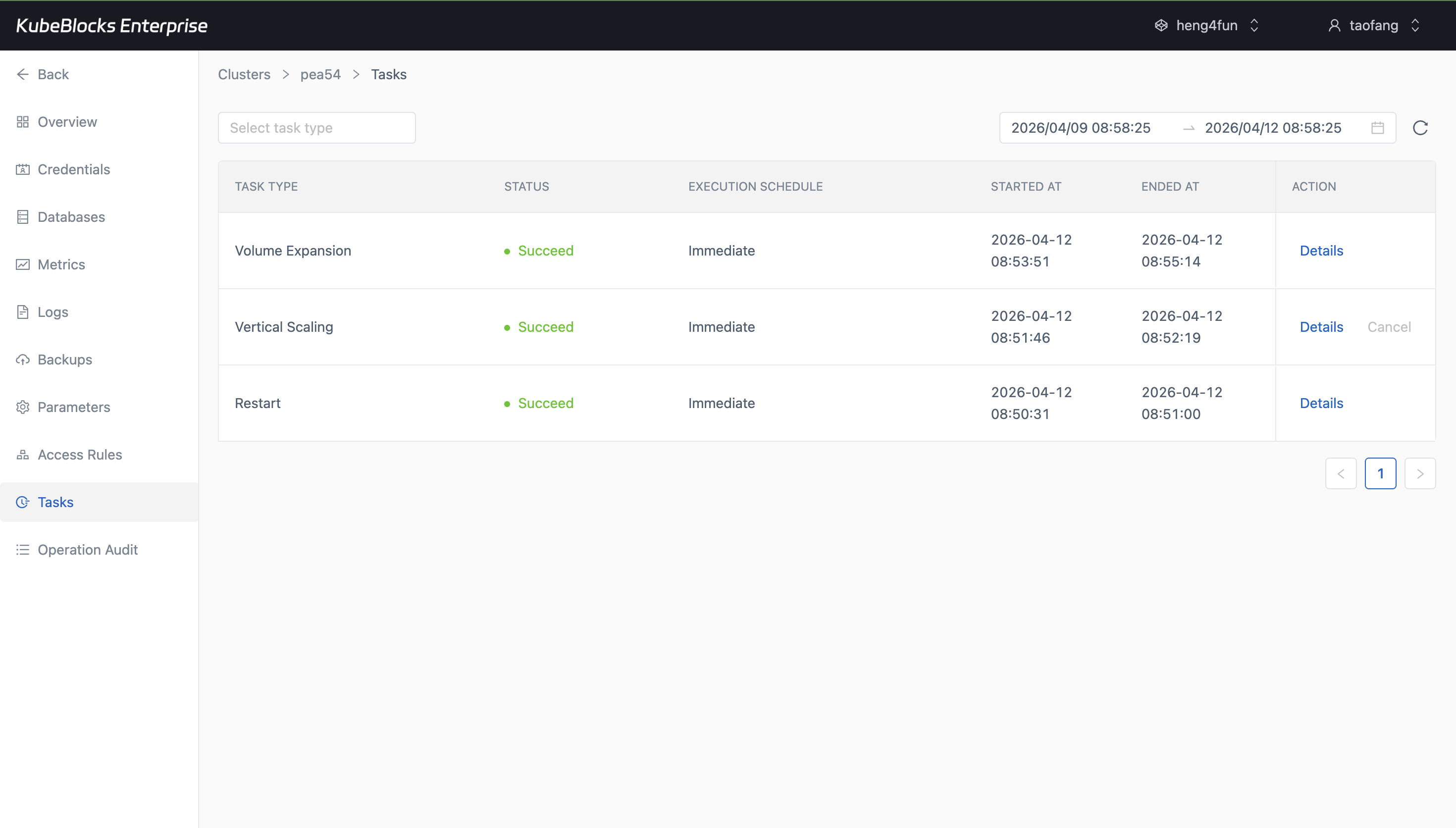 KubeBlocks Enterprise ClickHouse Tasks page showing restart, vertical scaling, and volume expansion history
