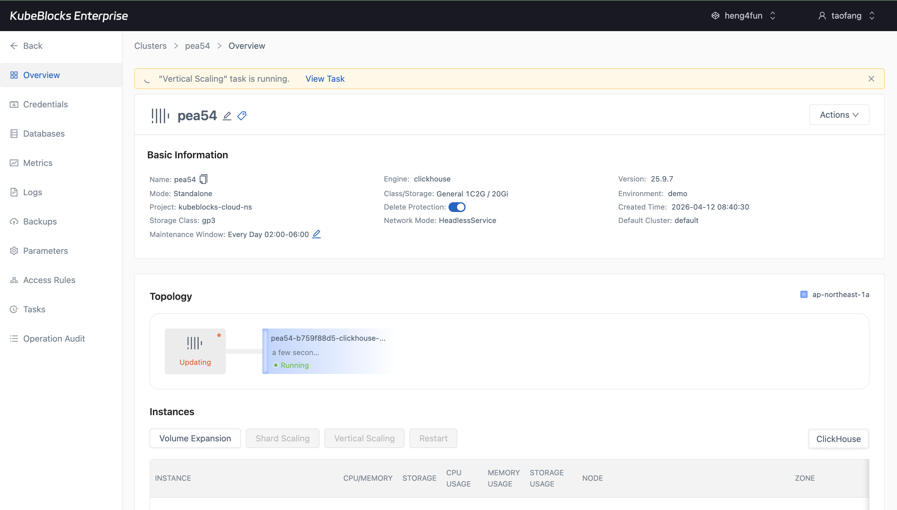 KubeBlocks Enterprise ClickHouse overview showing a vertical scaling task in progress