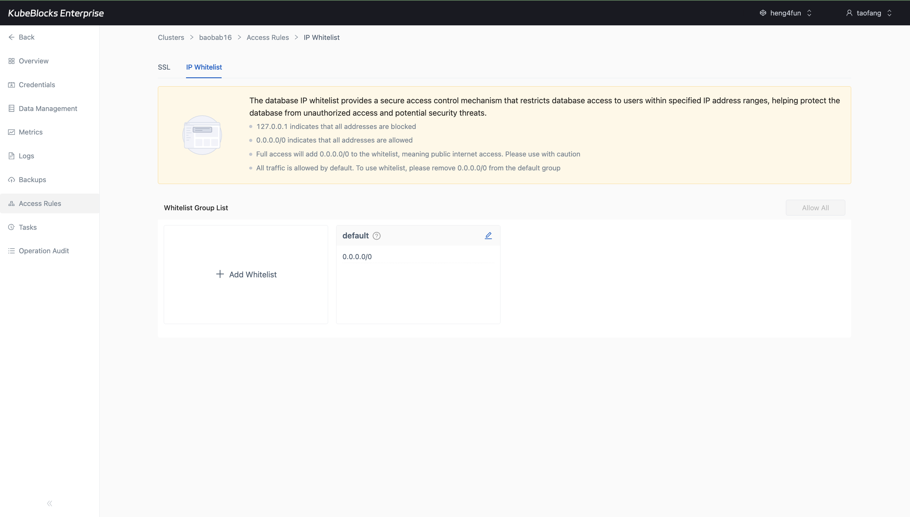 KubeBlocks Enterprise Elasticsearch Access Rules page showing the IP Whitelist tab and default whitelist group