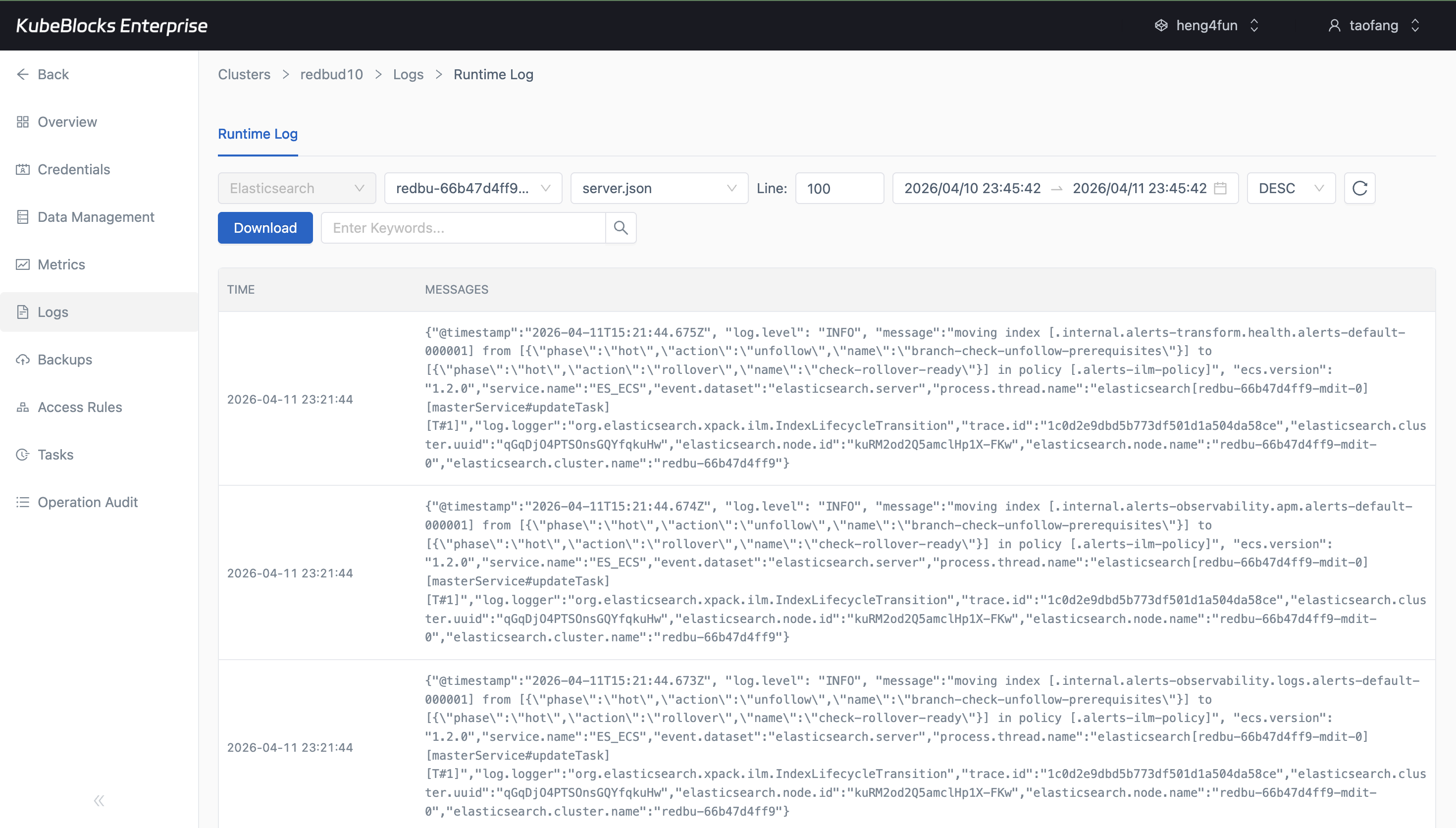 KubeBlocks Enterprise Elasticsearch Runtime Log page showing real log output