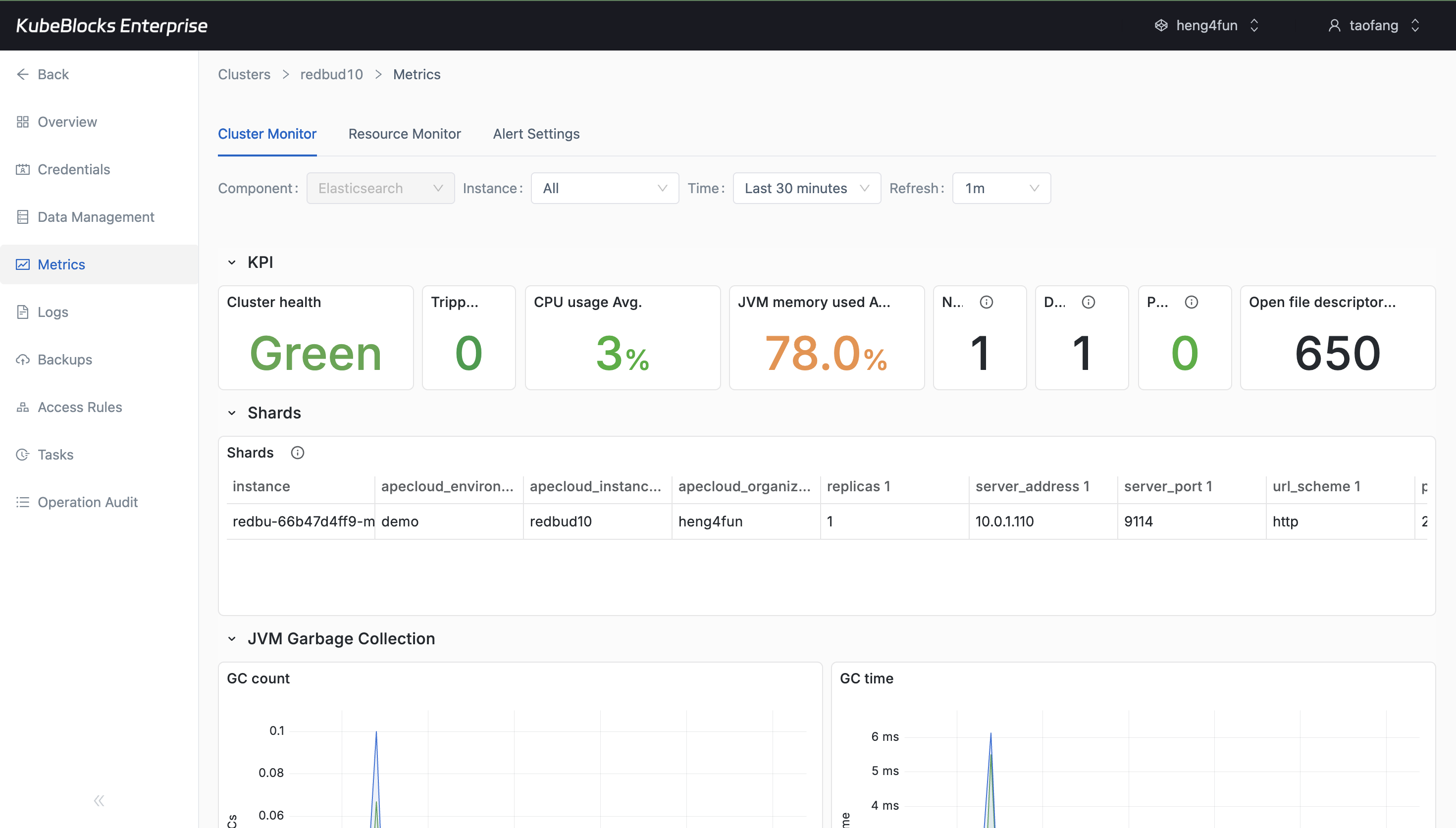 KubeBlocks Enterprise Elasticsearch metrics dashboard showing Cluster Monitor charts