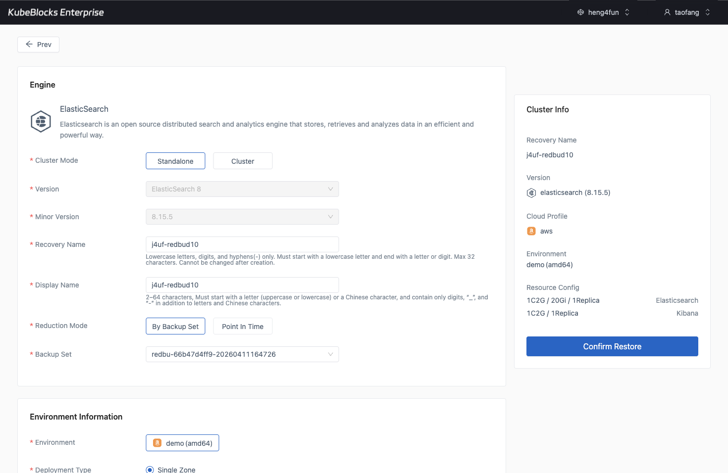 KubeBlocks Enterprise Elasticsearch restore wizard showing recovery configuration