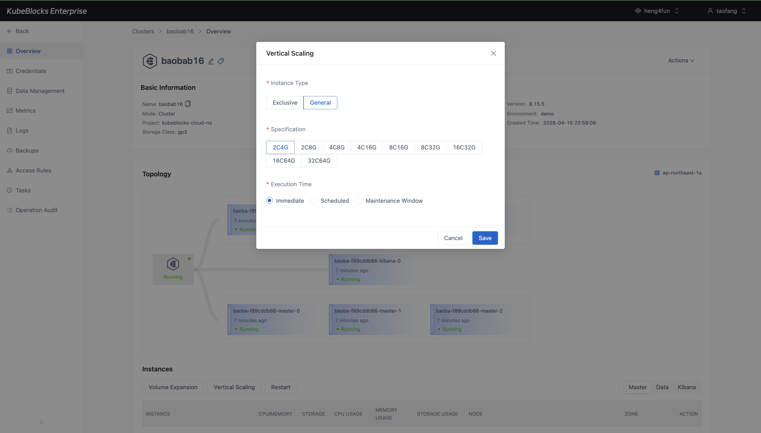 KubeBlocks Enterprise Elasticsearch Vertical Scaling dialog showing CPU and memory specification options