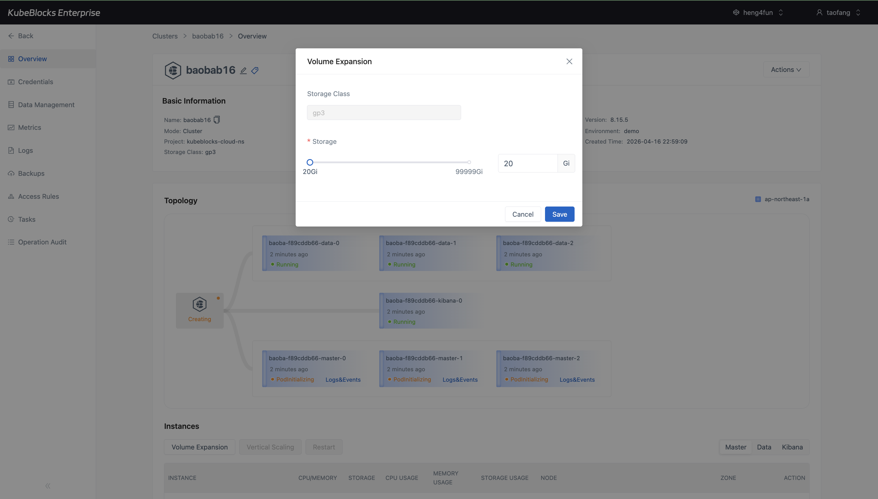 KubeBlocks Enterprise Elasticsearch Volume Expansion dialog showing storage class and target capacity controls