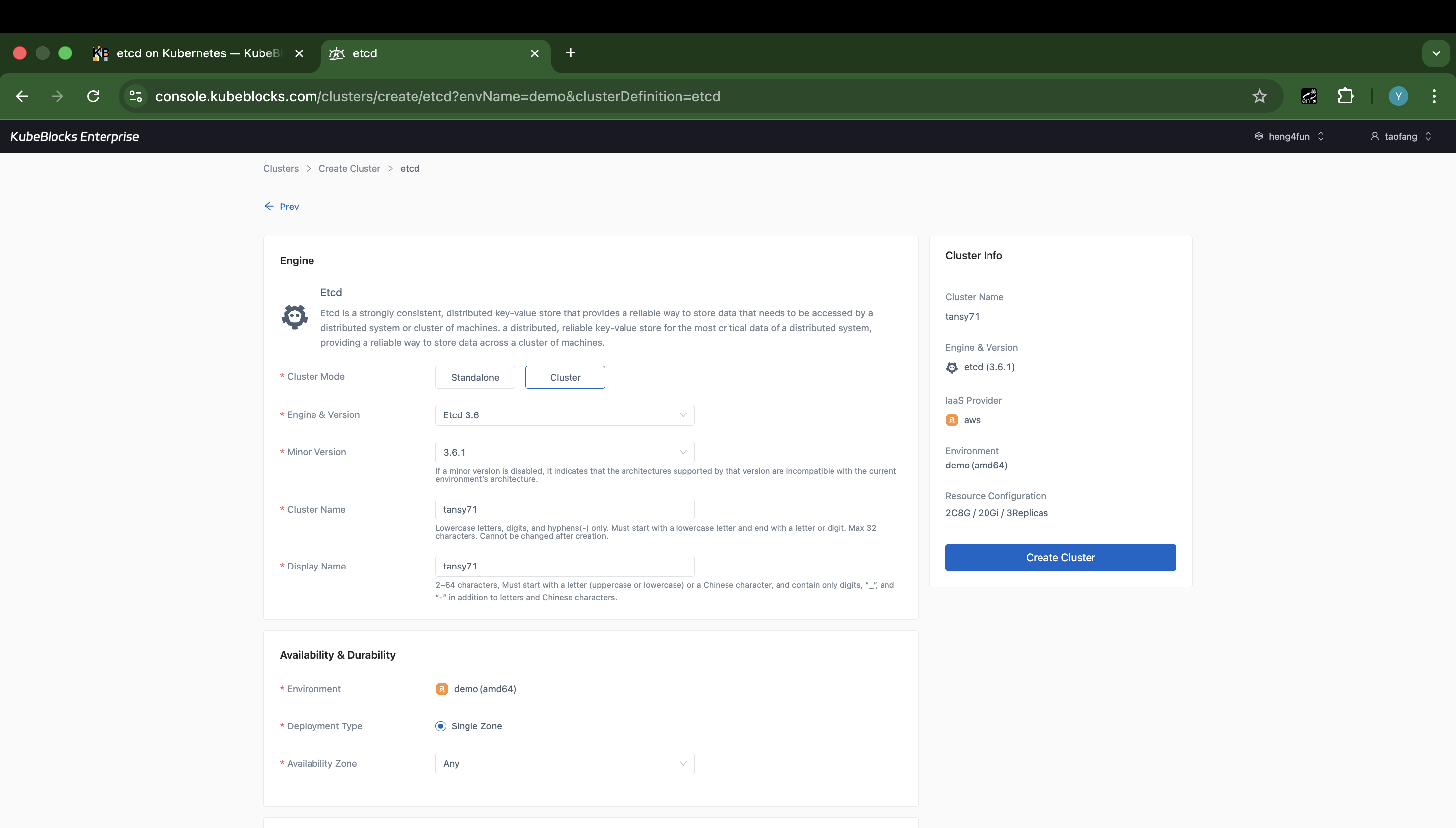 KubeBlocks Enterprise etcd create wizard showing deployment mode, version, compute, storage, replica, and backup options