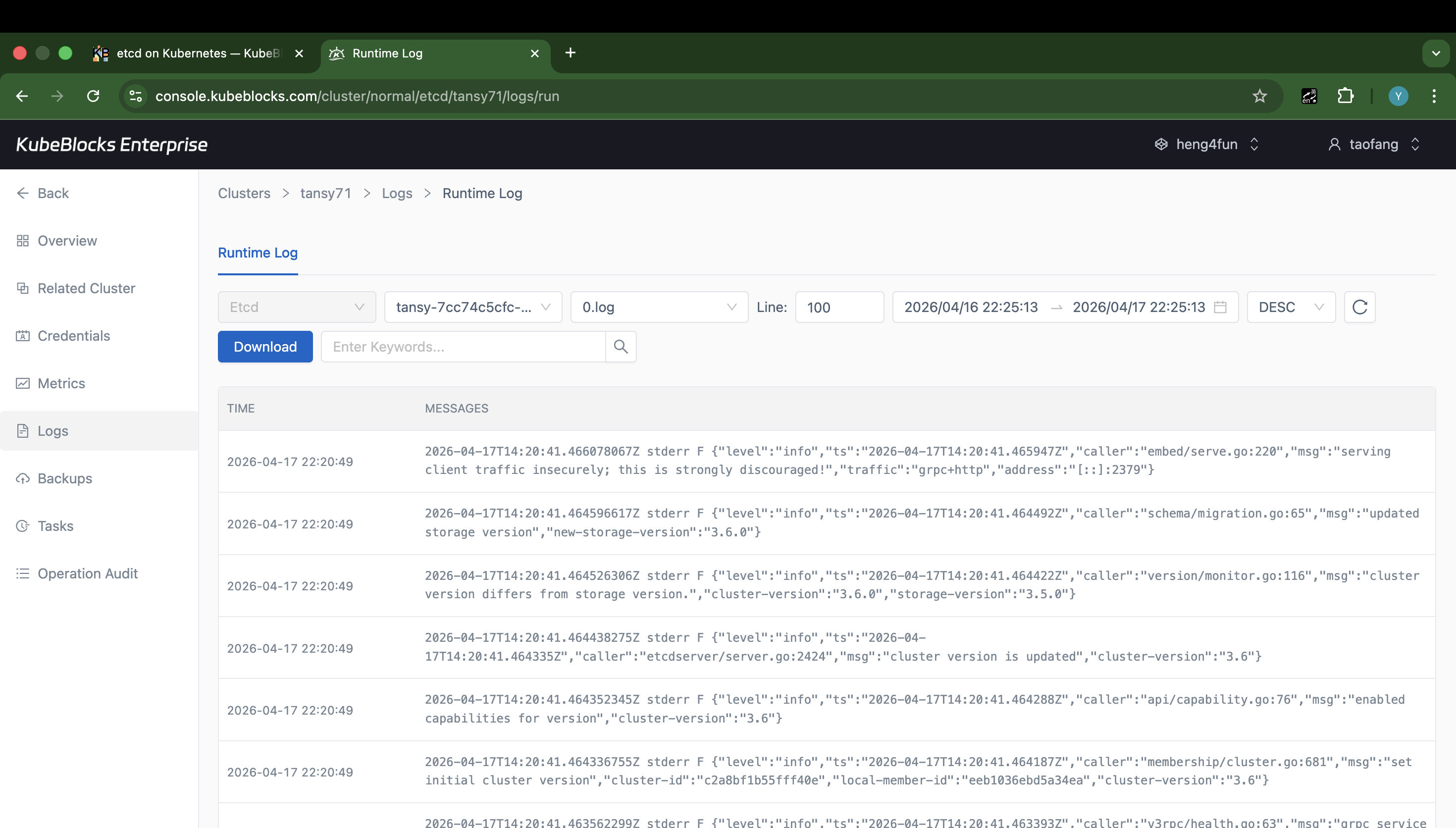 KubeBlocks Enterprise etcd Runtime Log page showing real service log output