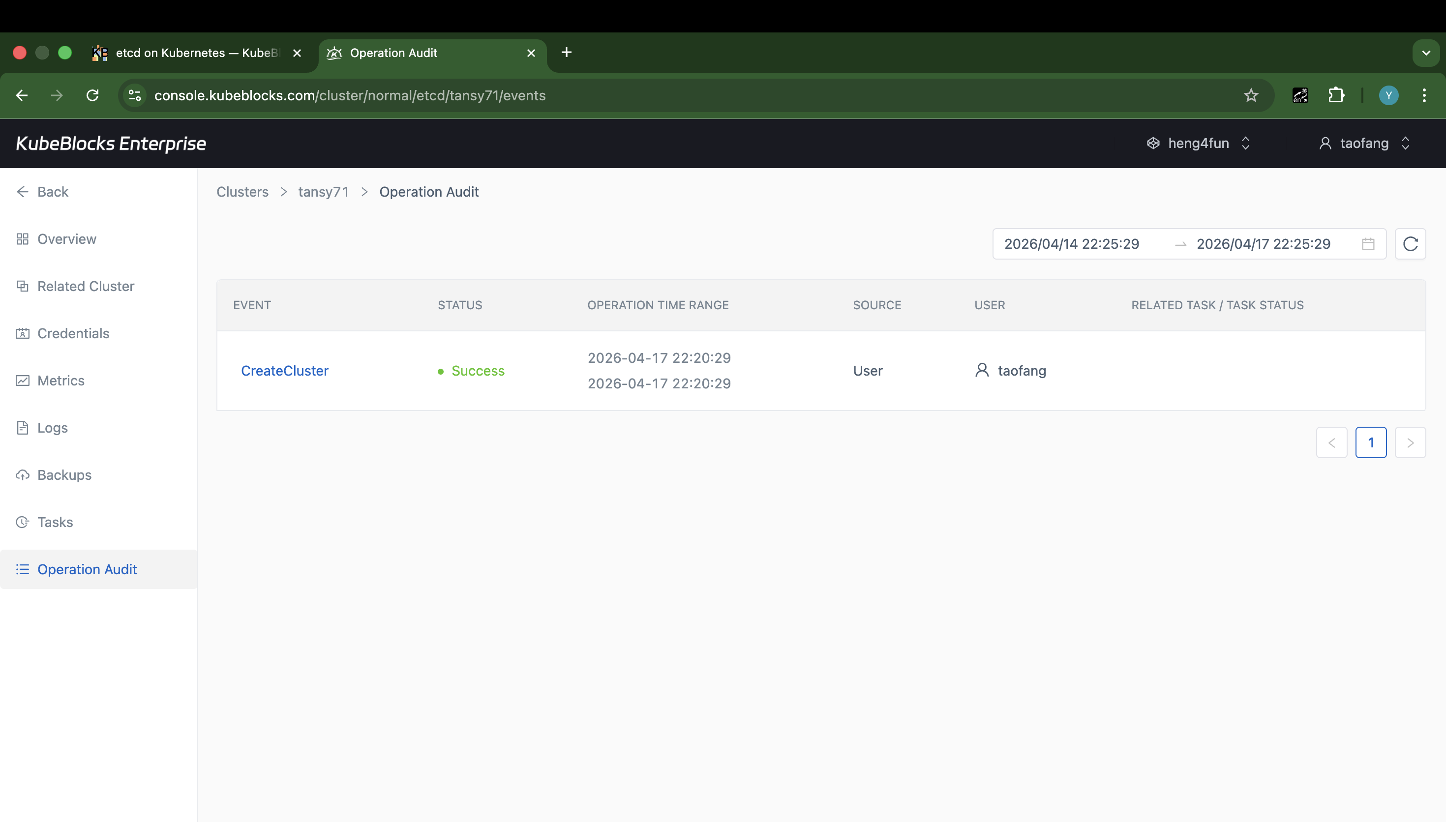 KubeBlocks Enterprise etcd task history page showing a successful CreateCluster event