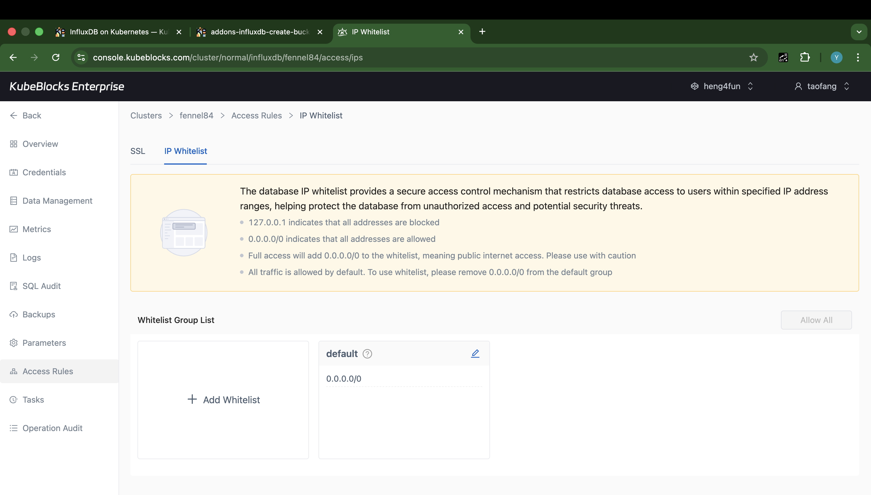 KubeBlocks Enterprise InfluxDB Access Rules page showing the IP Whitelist tab and default whitelist group