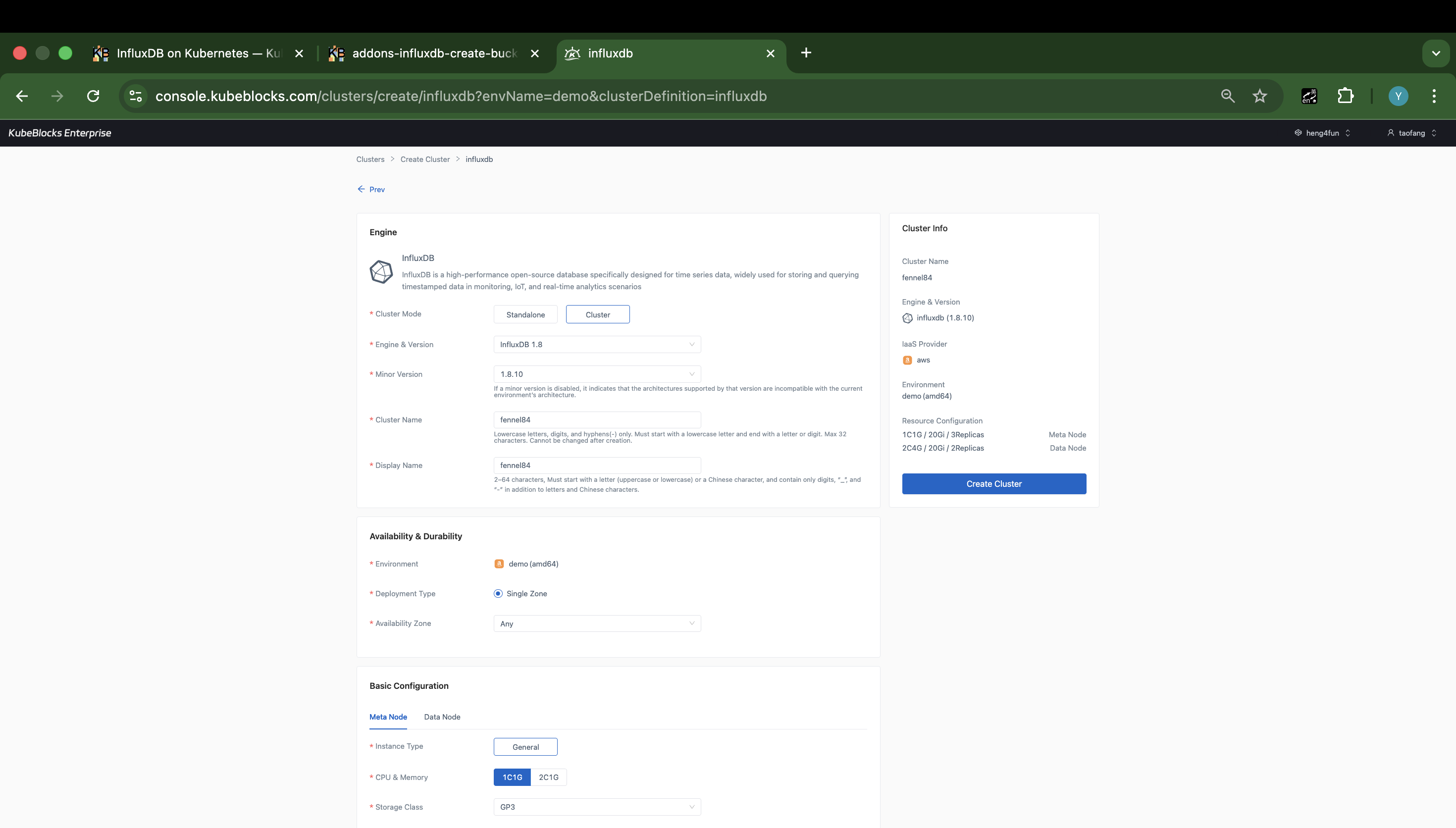 KubeBlocks Enterprise InfluxDB create wizard showing standalone and cluster mode choices, version, component sizing, storage, and cluster summary