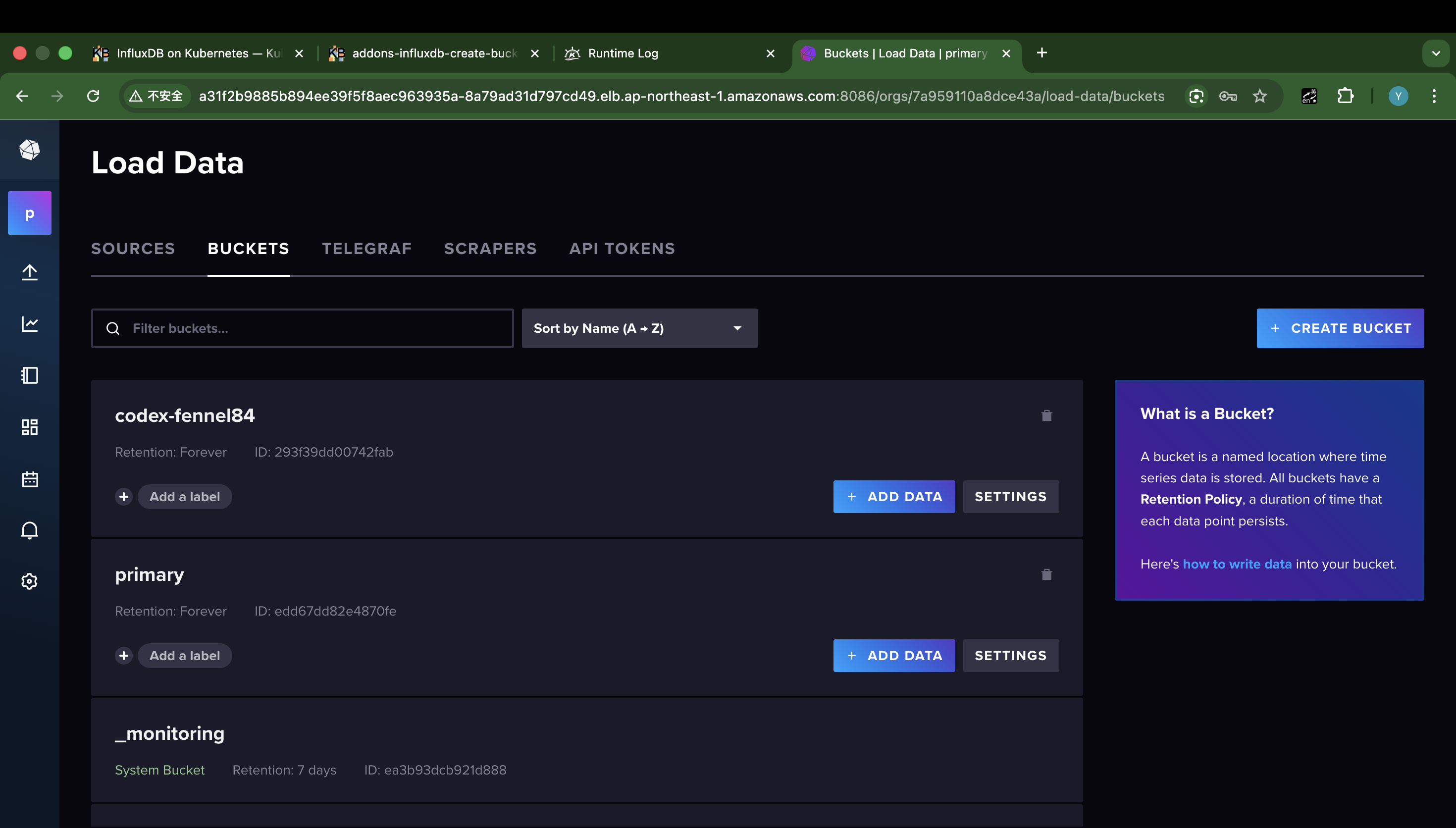 InfluxDB UI Buckets page showing the created codex-fennel84 bucket after public endpoint login