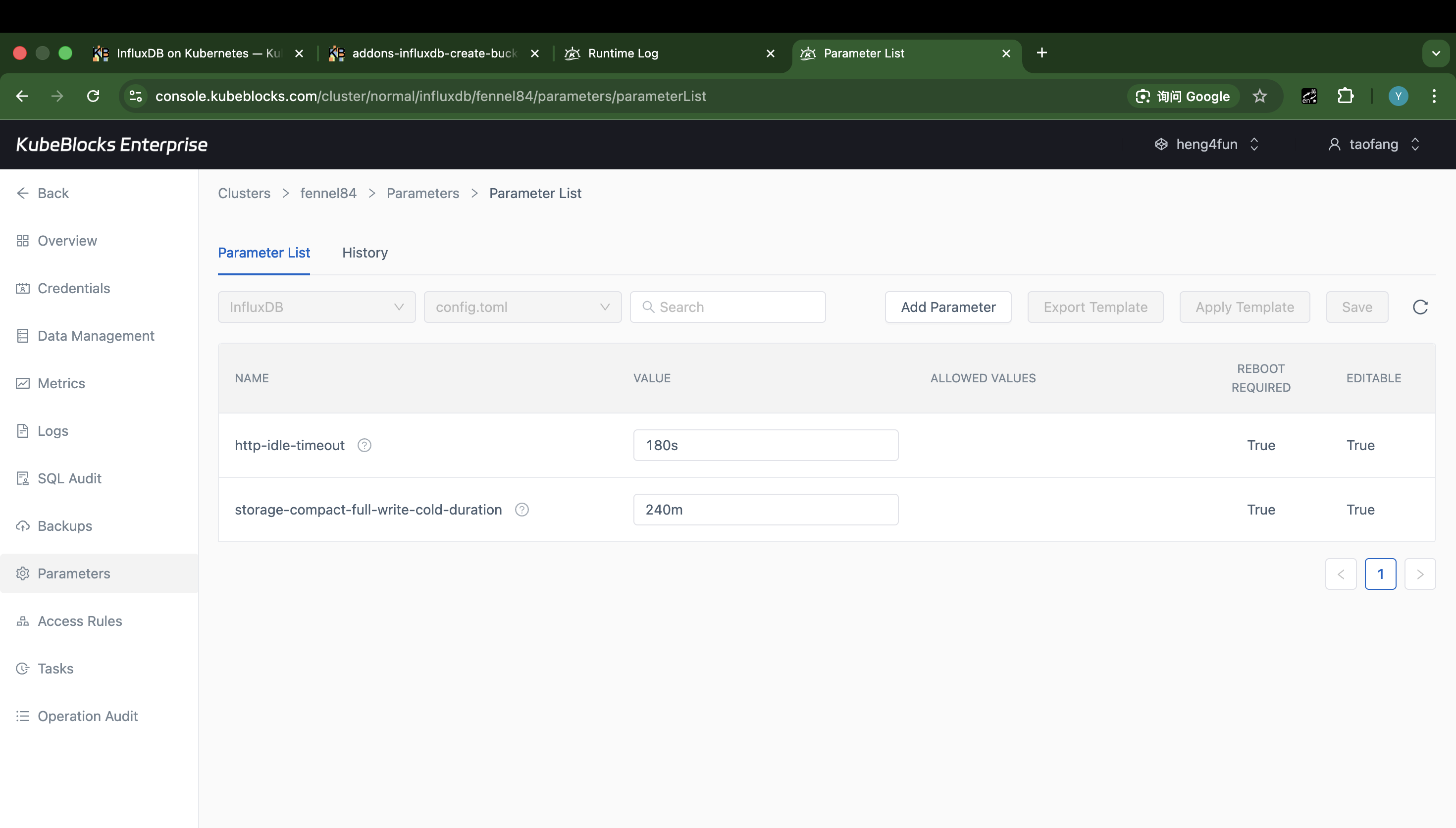KubeBlocks Enterprise InfluxDB parameters page showing editable configuration values
