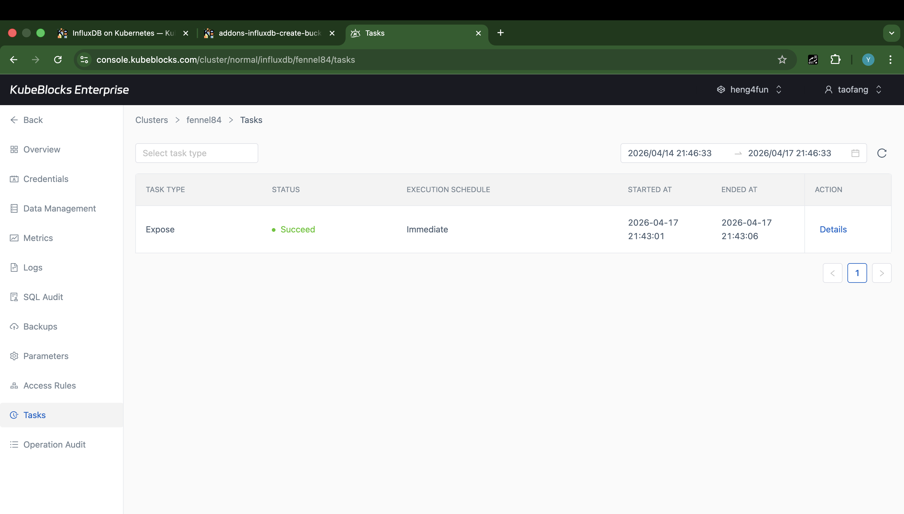 KubeBlocks Enterprise InfluxDB Tasks page showing a successful Expose operation