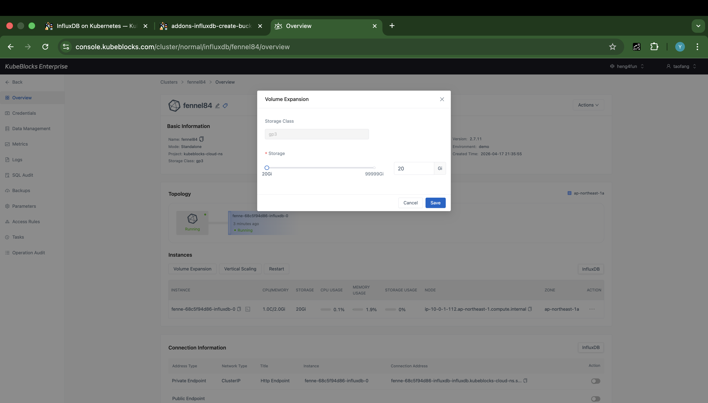 KubeBlocks Enterprise InfluxDB Volume Expansion dialog showing storage class and target capacity controls