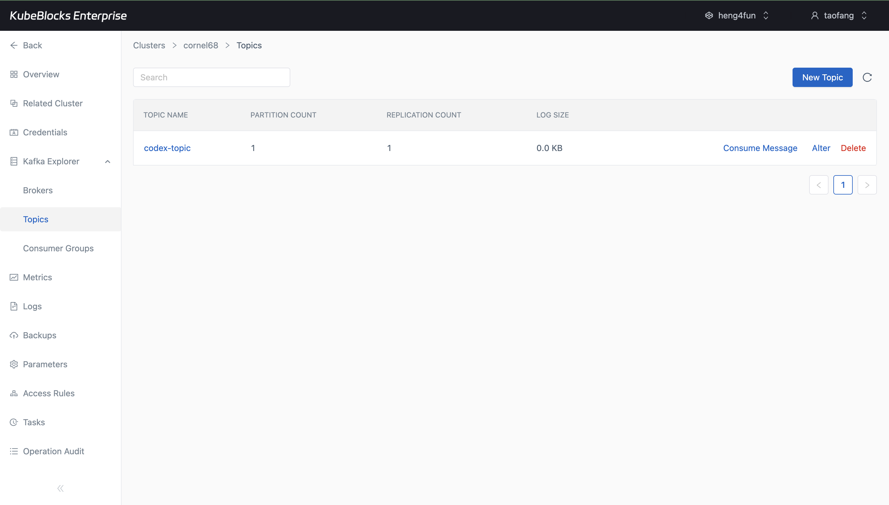 KubeBlocks Enterprise Kafka Explorer showing a created topic in the topic list