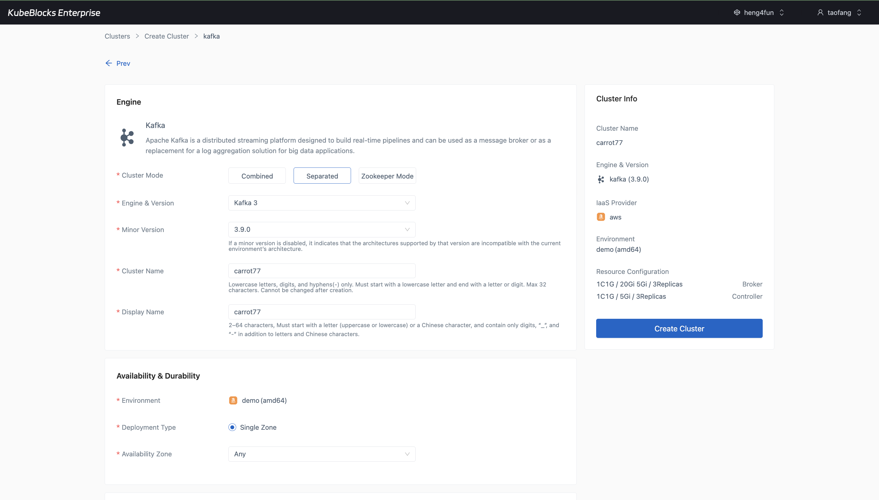 KubeBlocks Enterprise Kafka create wizard showing Separated mode, Kafka version, replicas, and Broker or Controller configuration choices