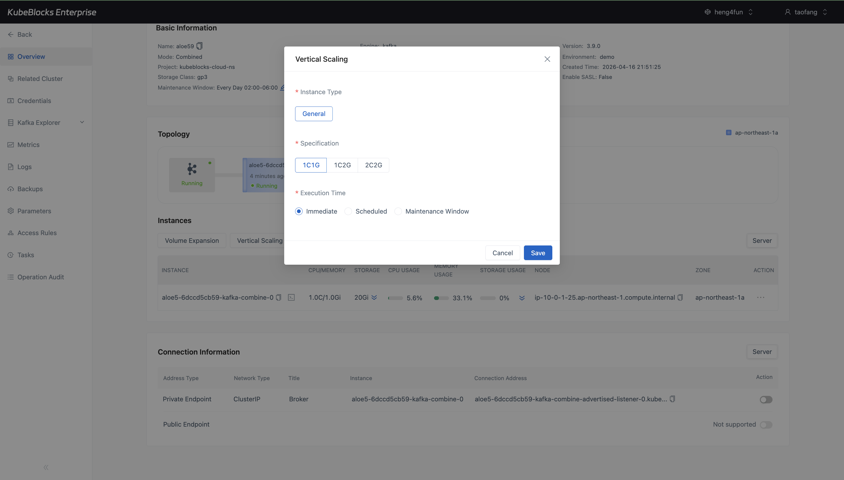 KubeBlocks Enterprise Kafka Vertical Scaling dialog showing CPU and memory options