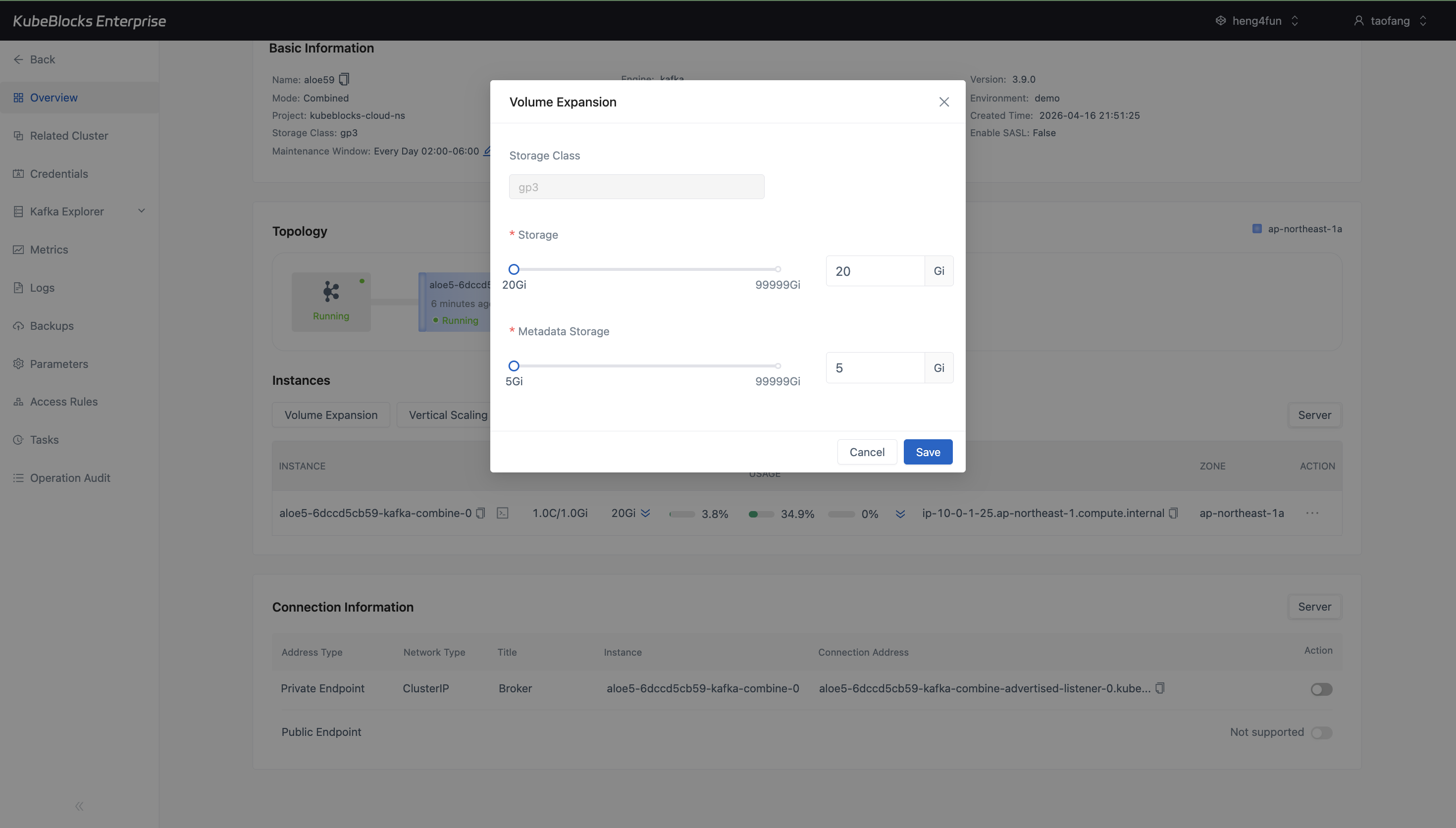 KubeBlocks Enterprise Kafka Volume Expansion dialog showing data and metadata storage fields