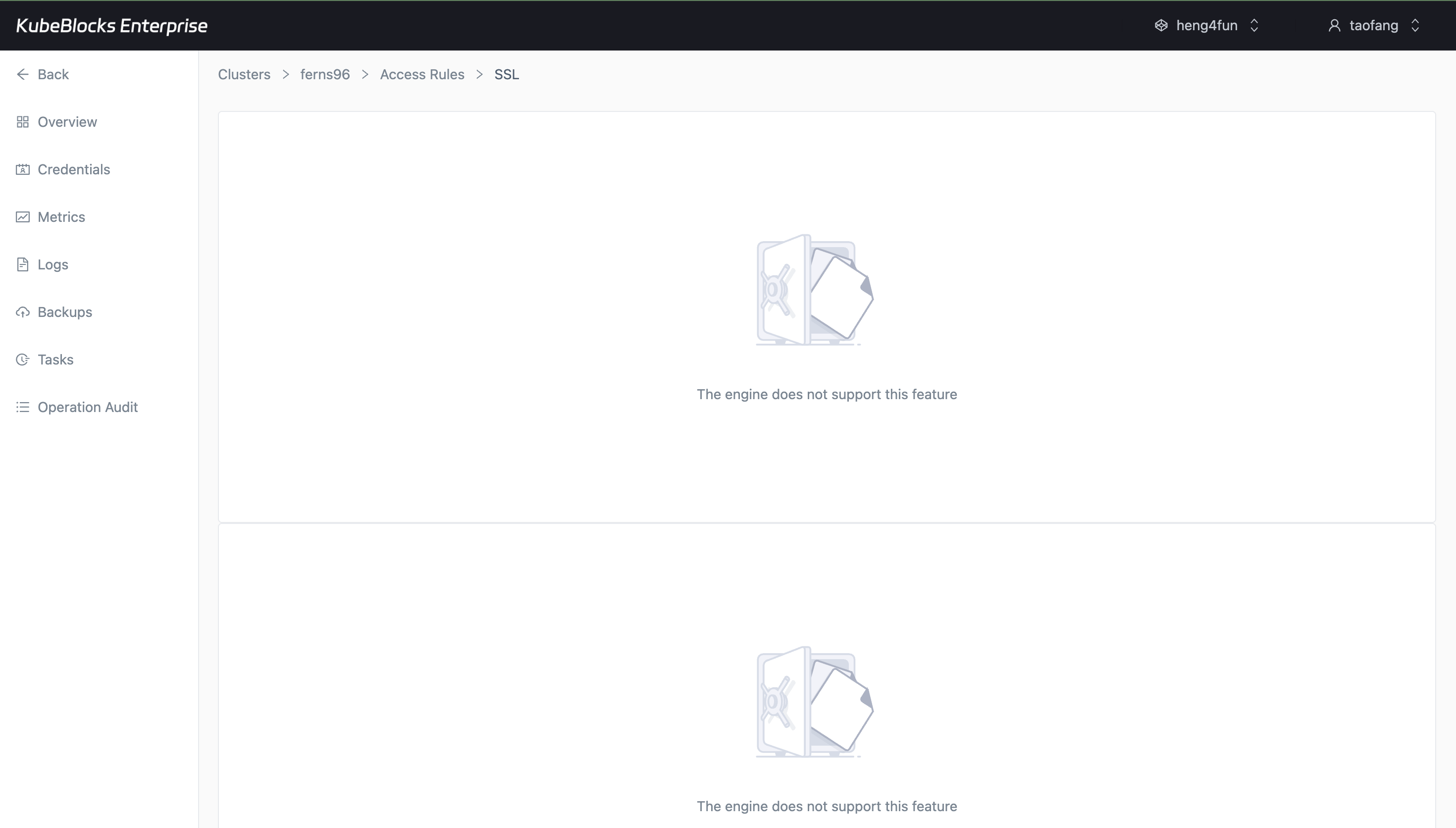 KubeBlocks Enterprise Milvus Access Rules page showing unsupported state