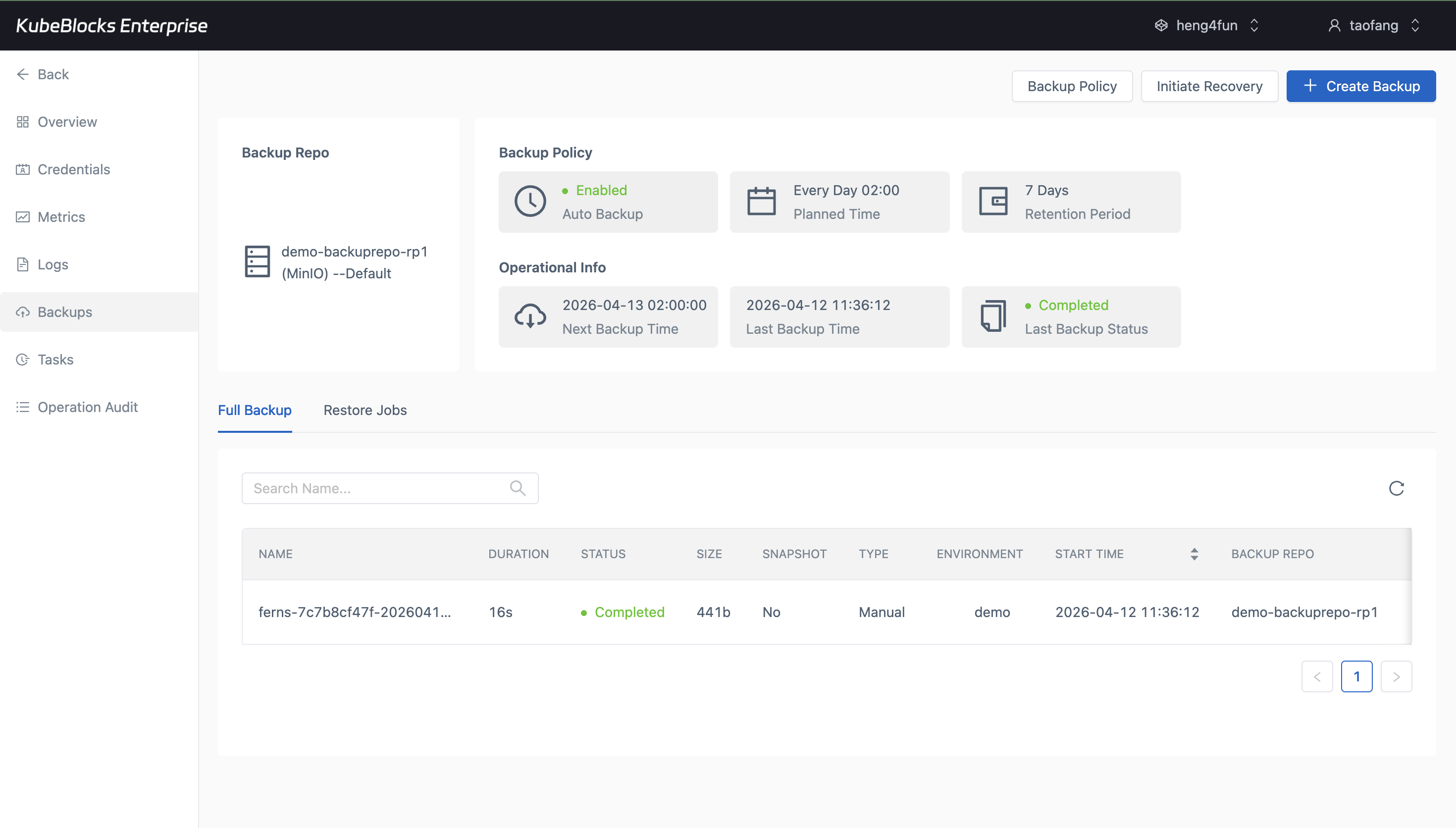 KubeBlocks Enterprise Milvus Backups page showing a completed full backup record