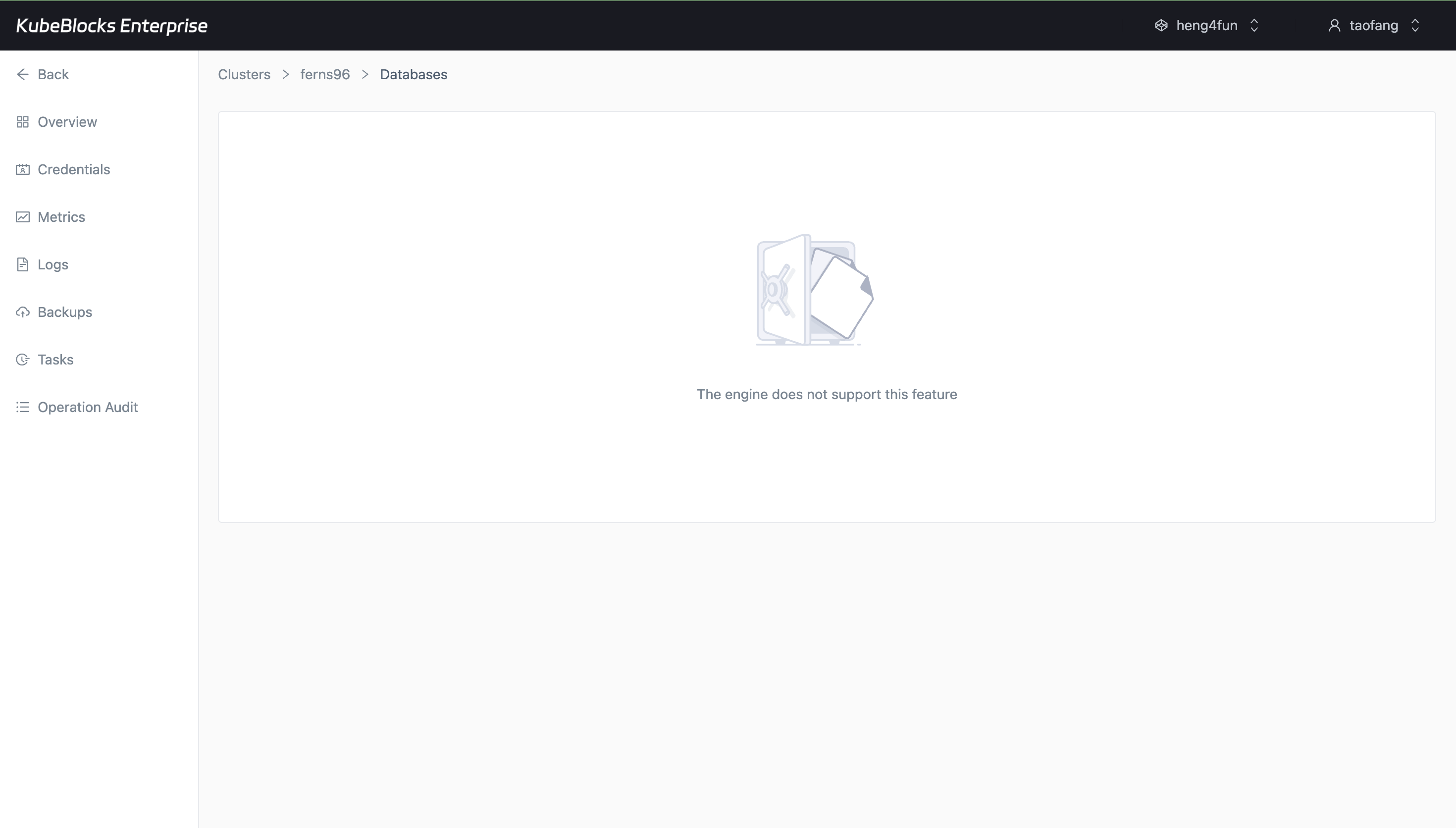 KubeBlocks Enterprise Milvus Databases page showing unsupported state