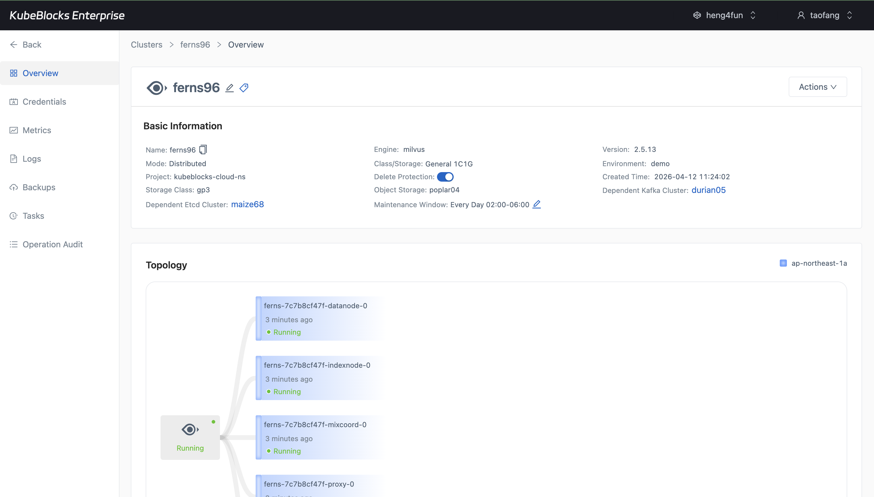 KubeBlocks Enterprise Milvus overview showing a running distributed Milvus cluster
