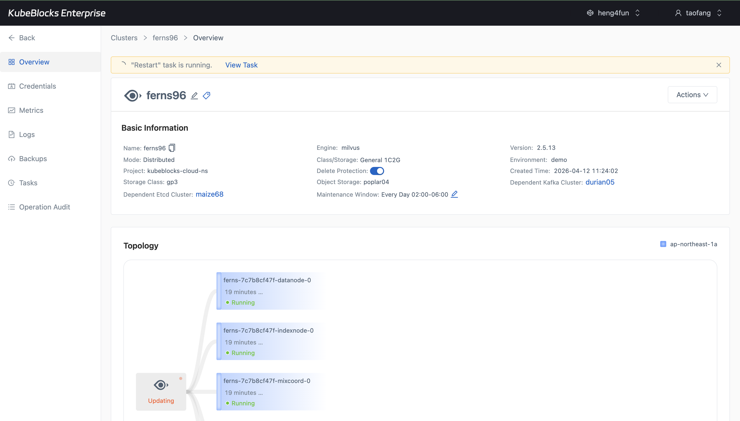KubeBlocks Enterprise Milvus overview showing a restart task in progress