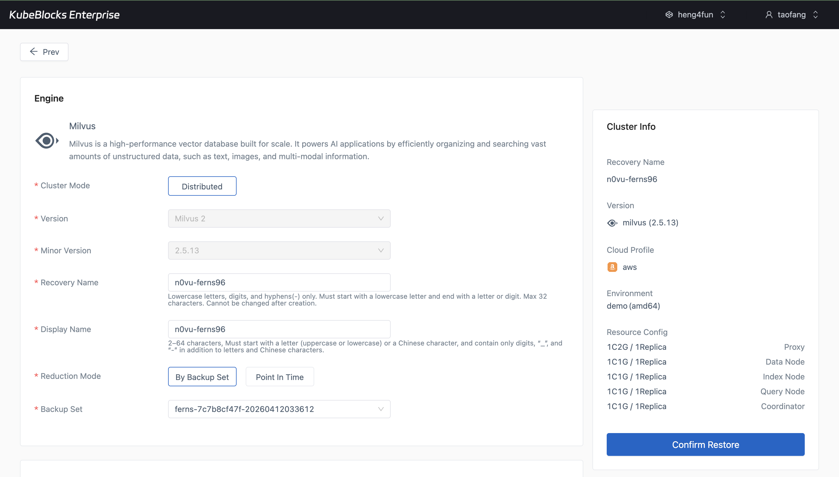 KubeBlocks Enterprise Milvus restore wizard showing recovery configuration from a backup set