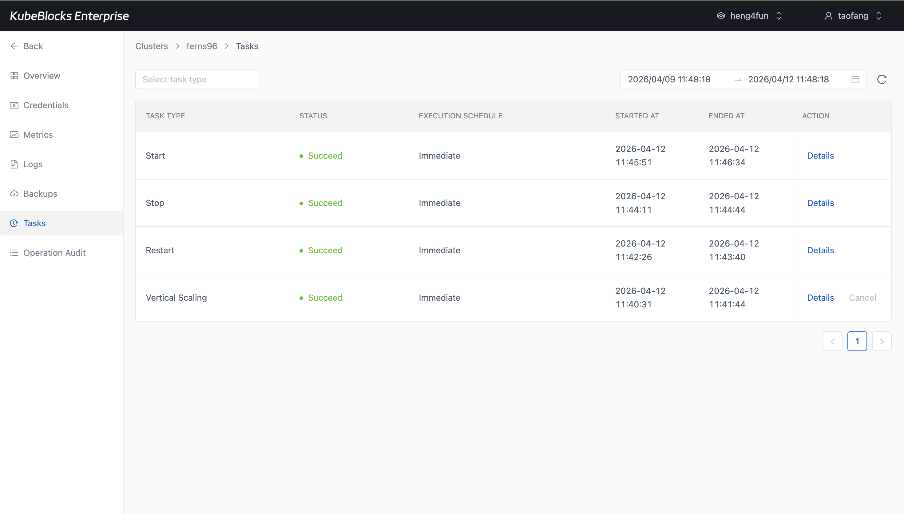 KubeBlocks Enterprise Milvus Tasks page showing lifecycle and scaling history