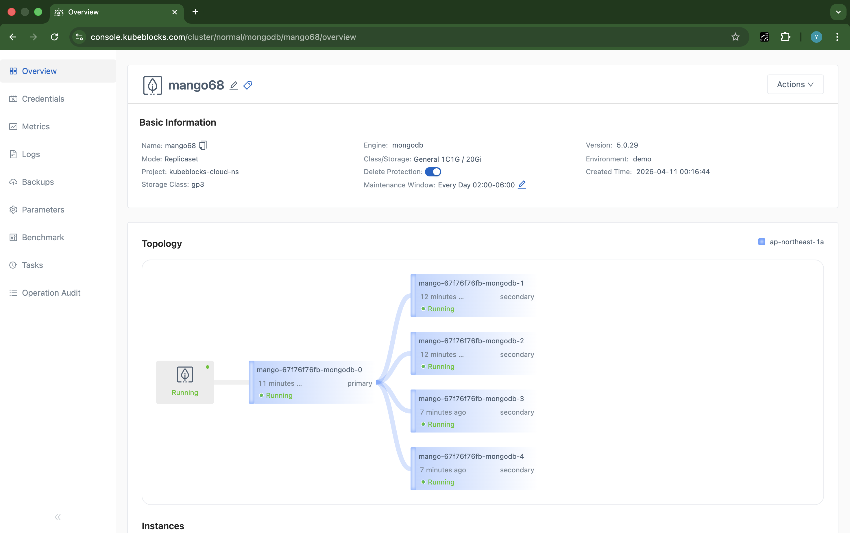 KubeBlocks Enterprise MongoDB overview showing Connection Information with endpoint and server address details