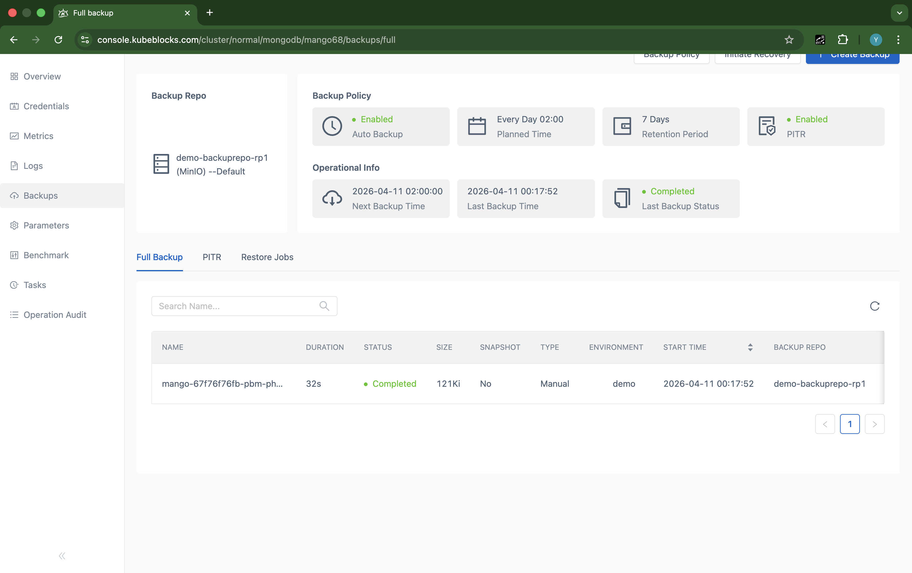 KubeBlocks Enterprise MongoDB Backups page showing a completed manual full backup and repository details