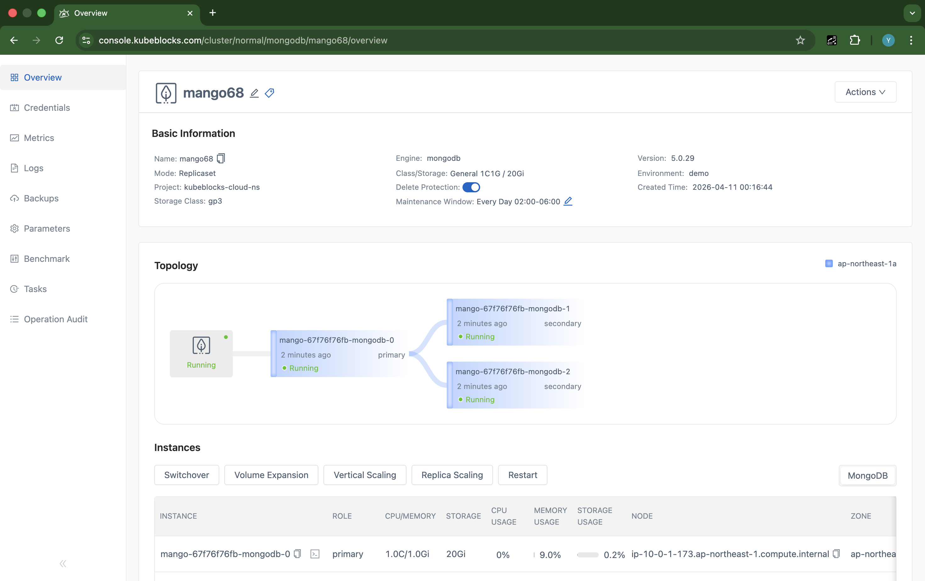 KubeBlocks Enterprise MongoDB overview showing a running replica set with primary and secondary roles