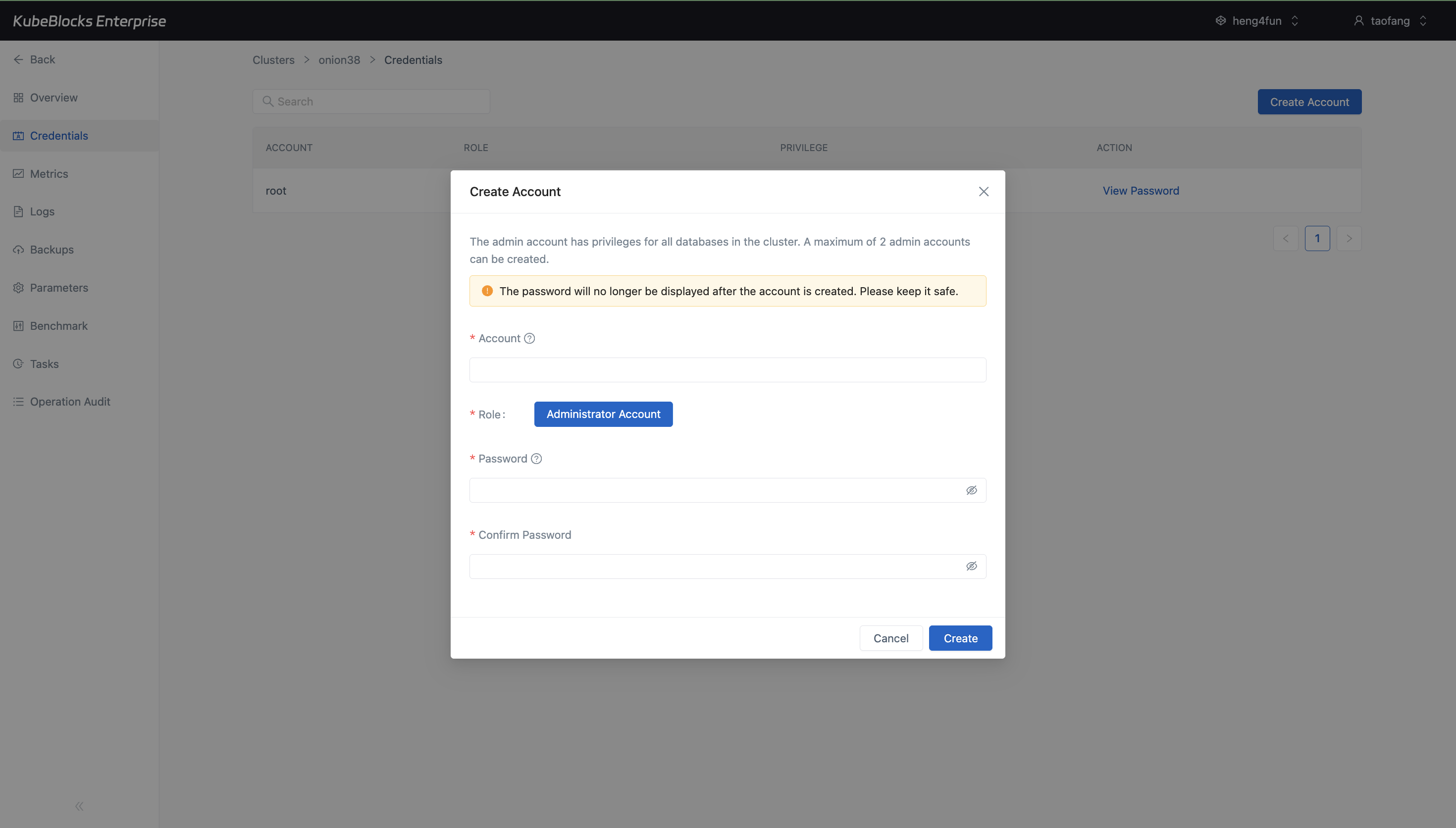 KubeBlocks Enterprise MongoDB credentials page showing the Create Account modal