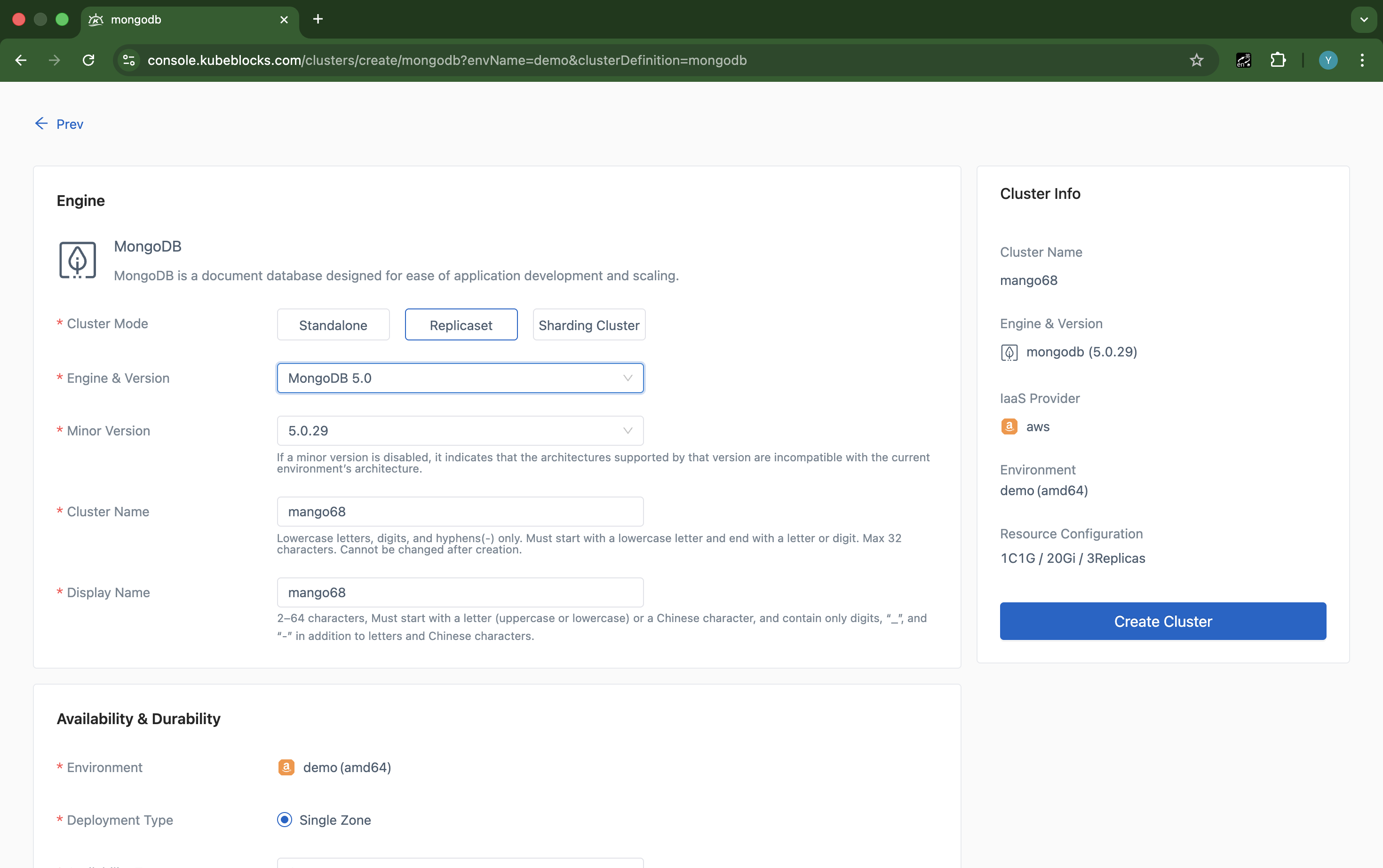 KubeBlocks Enterprise MongoDB create wizard showing Replica Set mode, engine version, replica count, compute, and storage settings