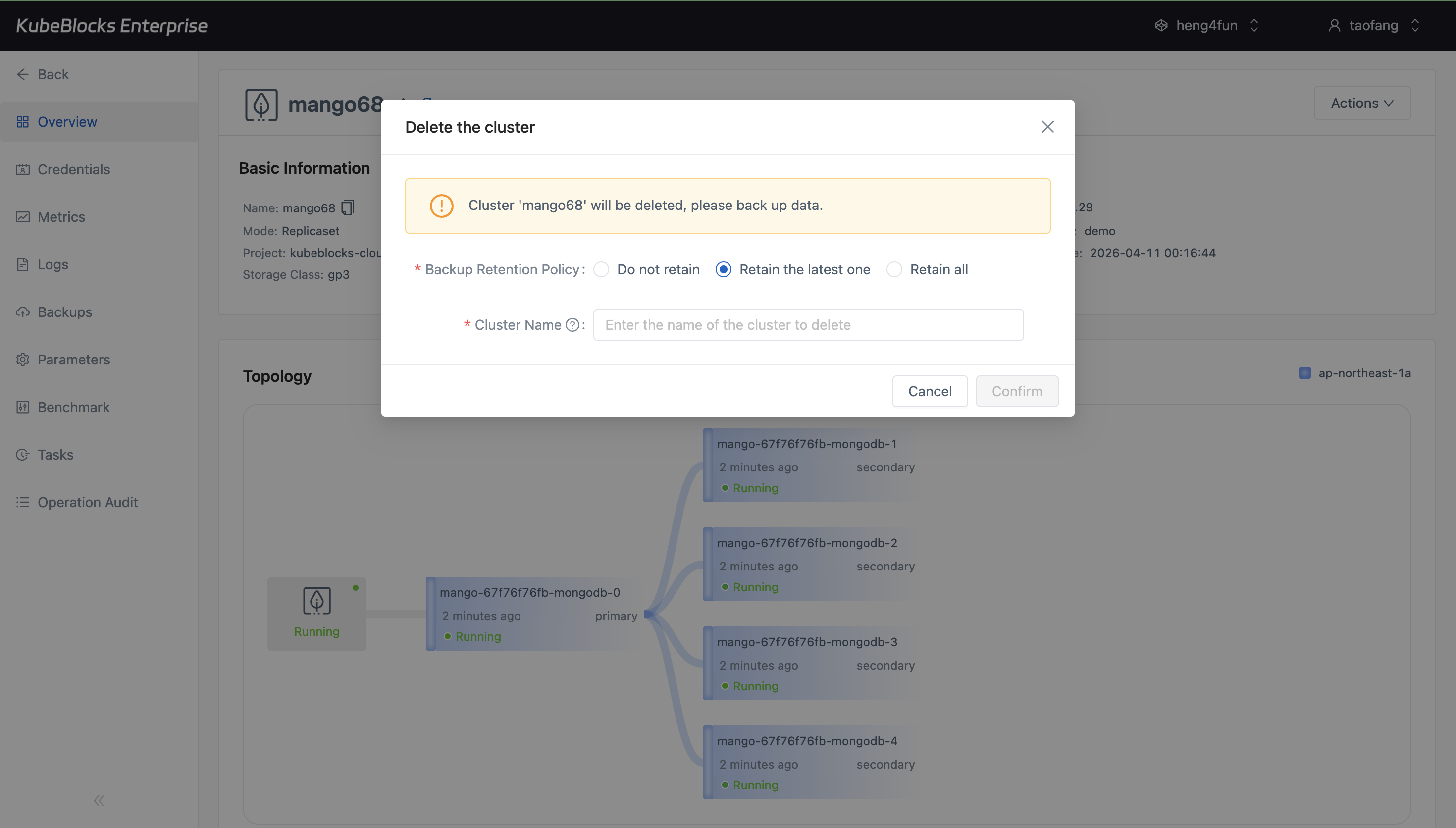 KubeBlocks Enterprise MongoDB delete confirmation modal shown after Delete Protection was disabled