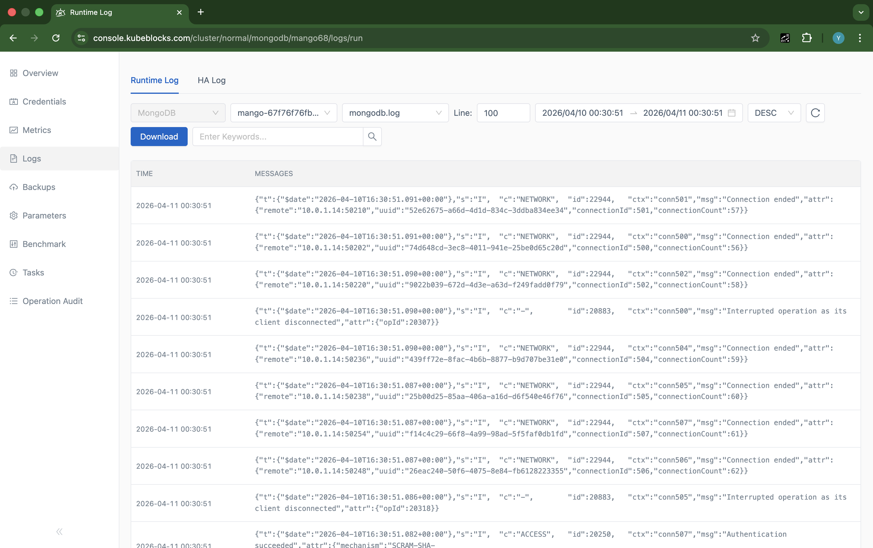 KubeBlocks Enterprise MongoDB Runtime Log page showing live NETWORK and ACCESS log entries