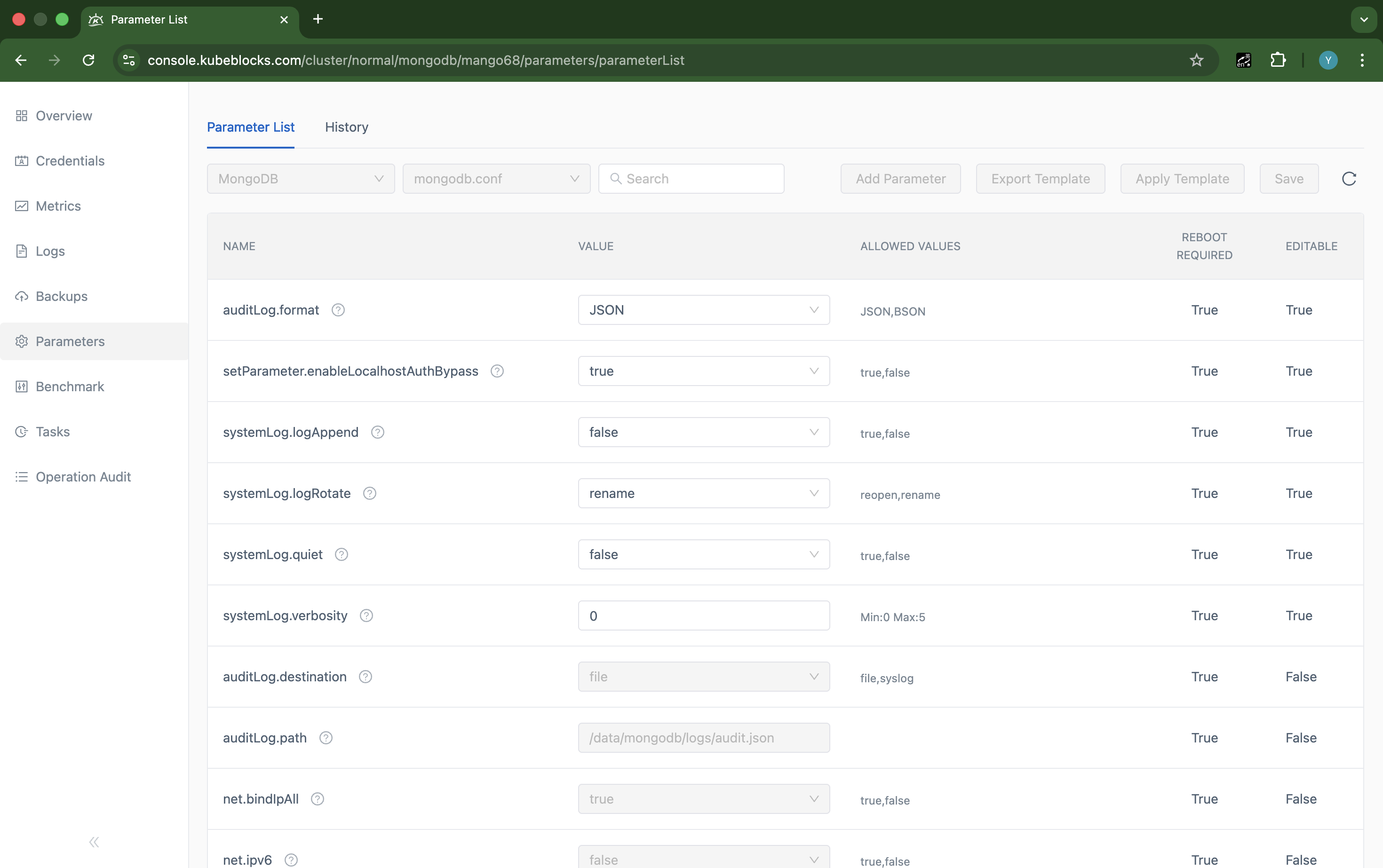 KubeBlocks Enterprise MongoDB Parameters page showing the current parameter list state for the selected deployment