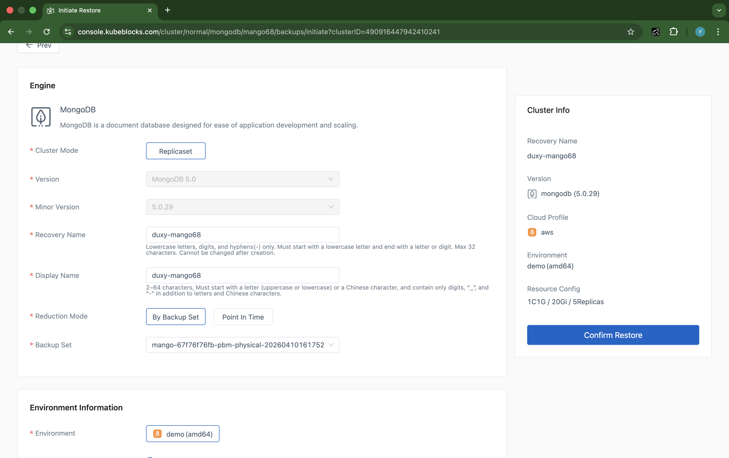 KubeBlocks Enterprise MongoDB restore wizard showing backup selection and recovery target settings