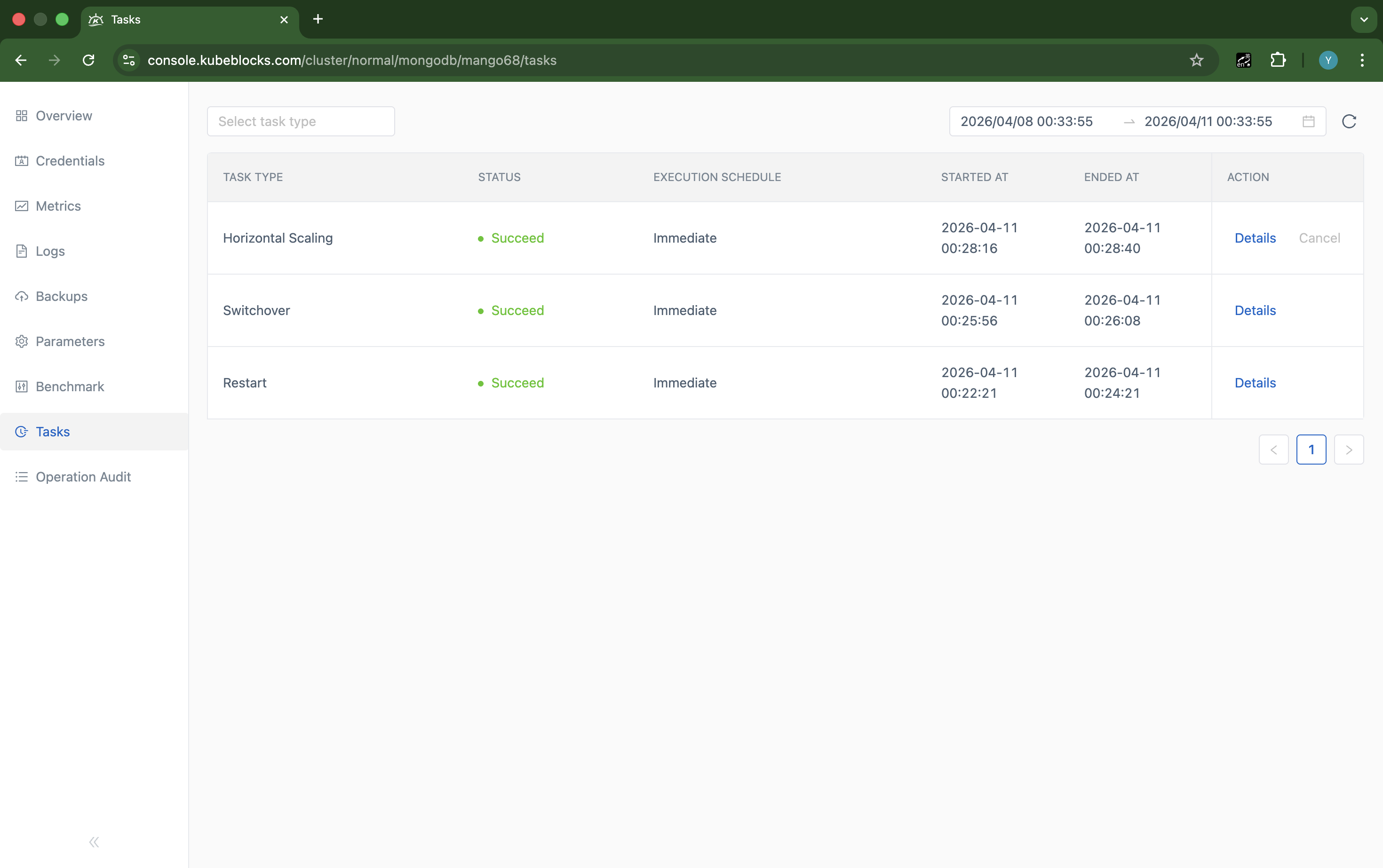 KubeBlocks Enterprise MongoDB Tasks page showing succeeded scaling, switchover, and restart records