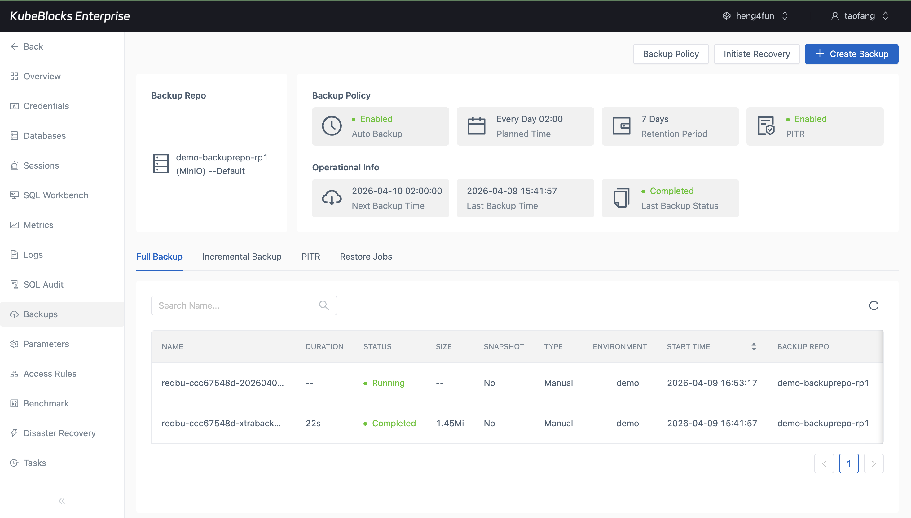 KubeBlocks Enterprise MySQL backups page showing backup policy and running manual backup jobs