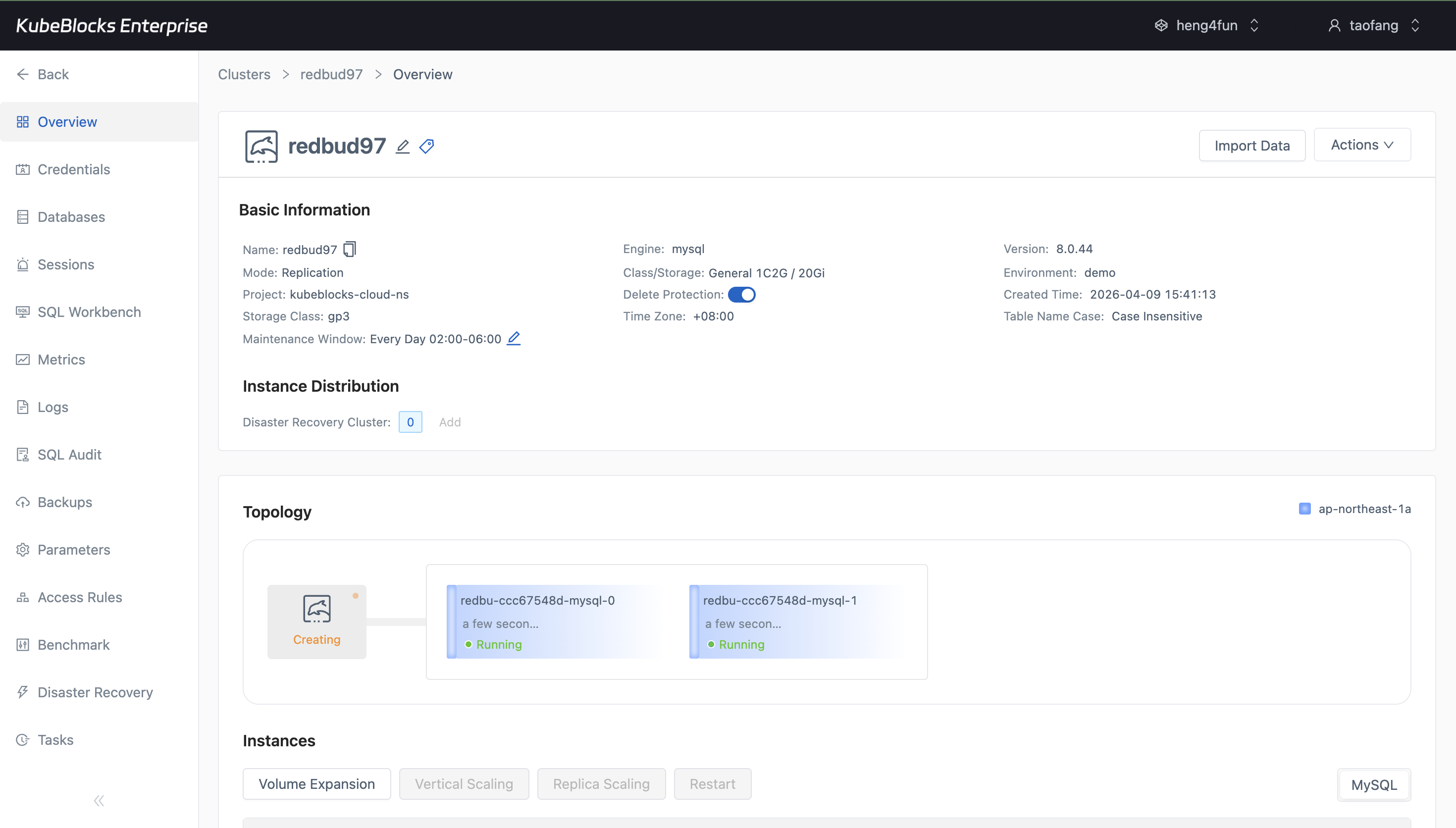KubeBlocks Enterprise MySQL cluster overview showing a newly created replicated cluster and topology