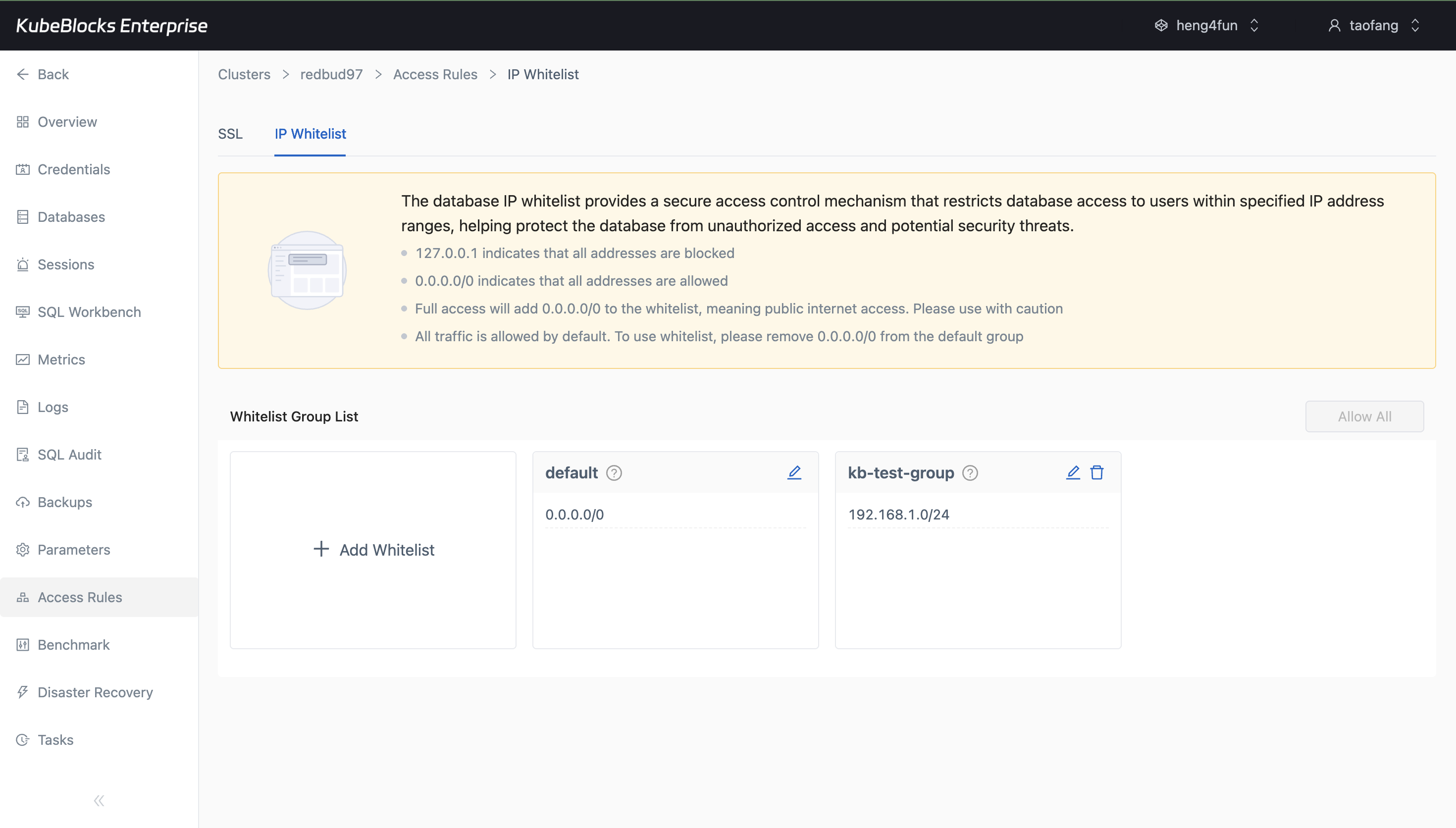 KubeBlocks Enterprise MySQL IP whitelist page showing whitelist groups and allowed CIDR ranges