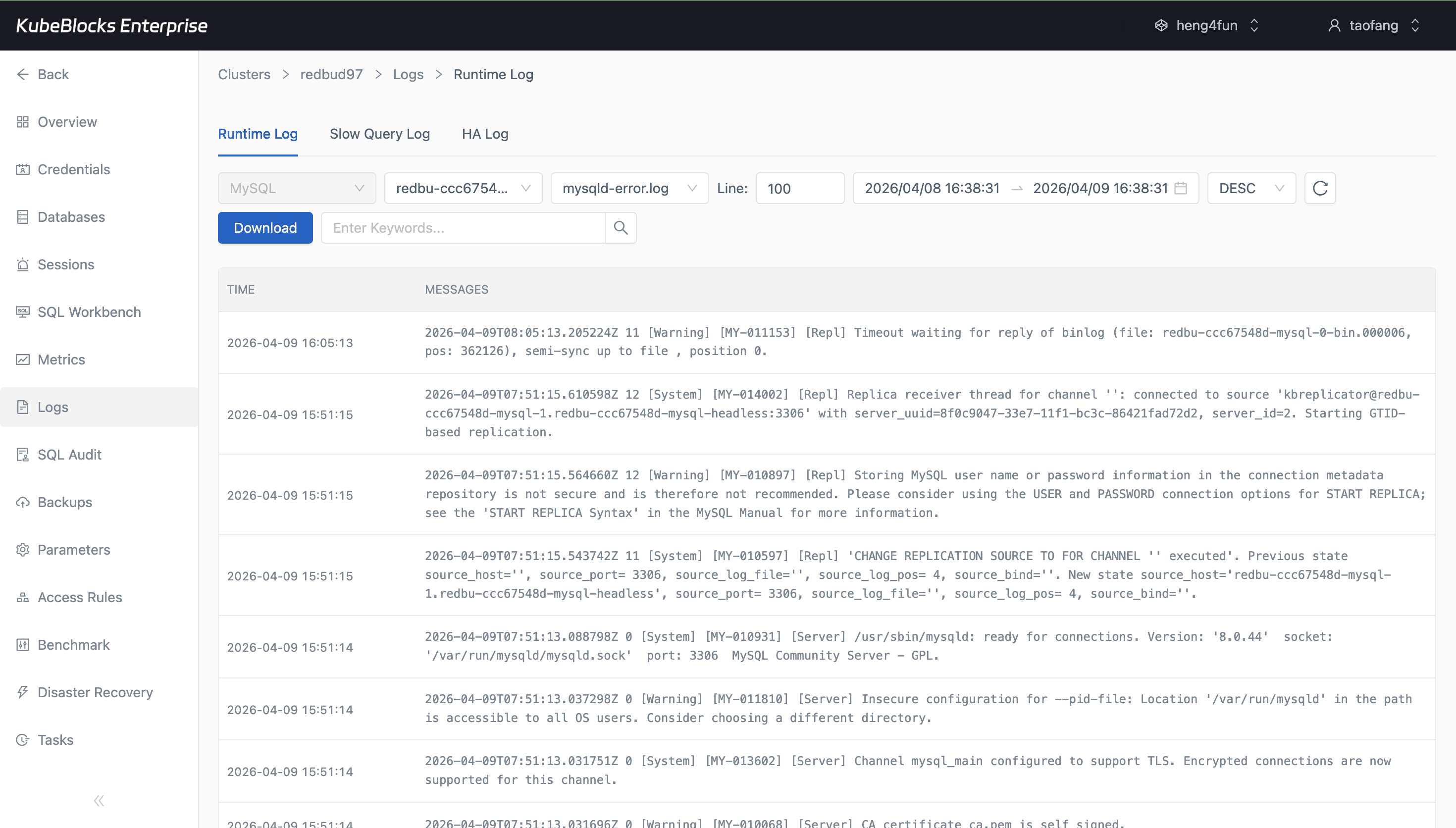 KubeBlocks Enterprise MySQL logs page showing runtime and slow query log views