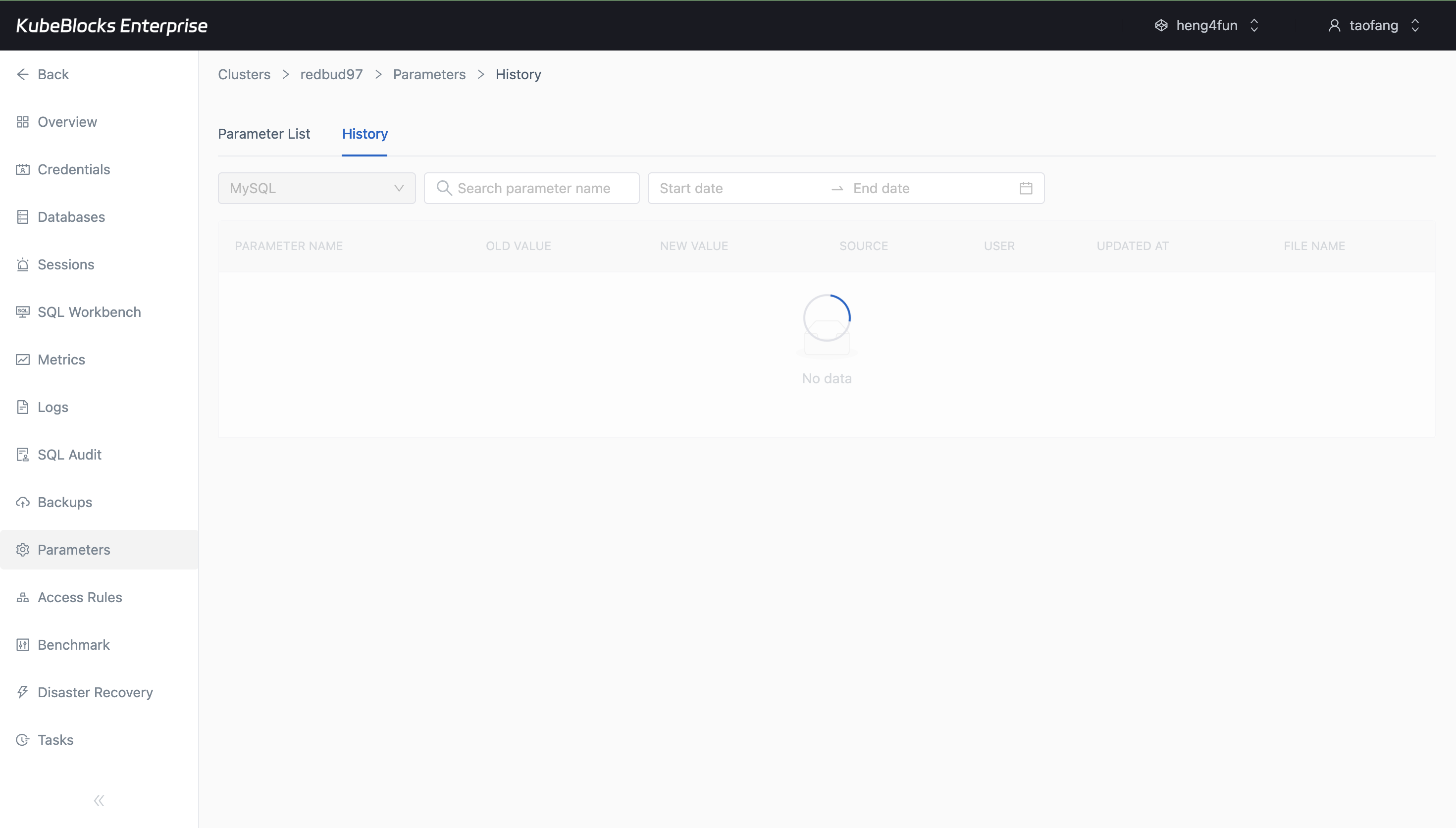 KubeBlocks Enterprise MySQL parameters page showing a parameter reconfiguration workflow