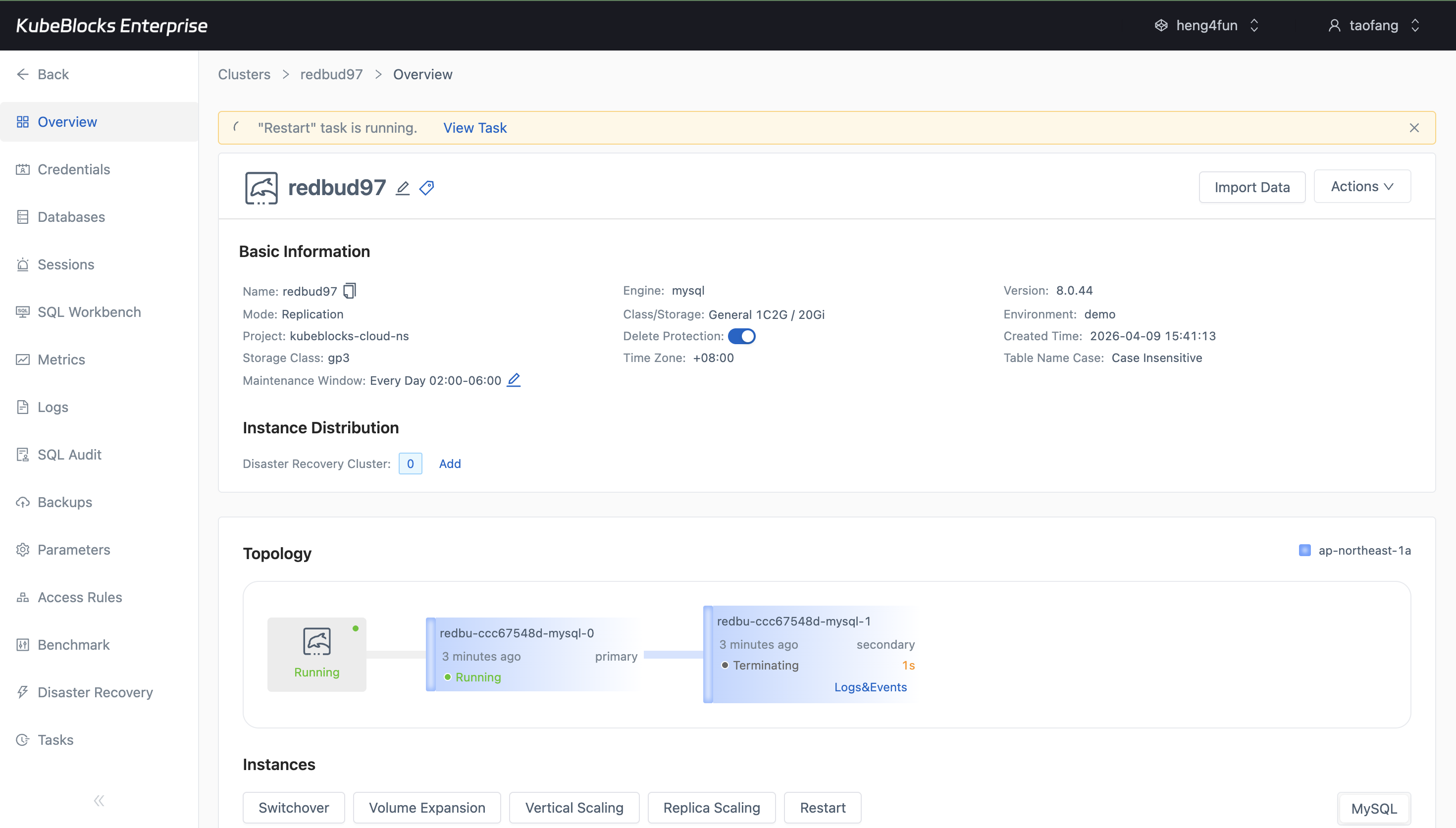 KubeBlocks Enterprise MySQL overview showing a rolling restart task in progress