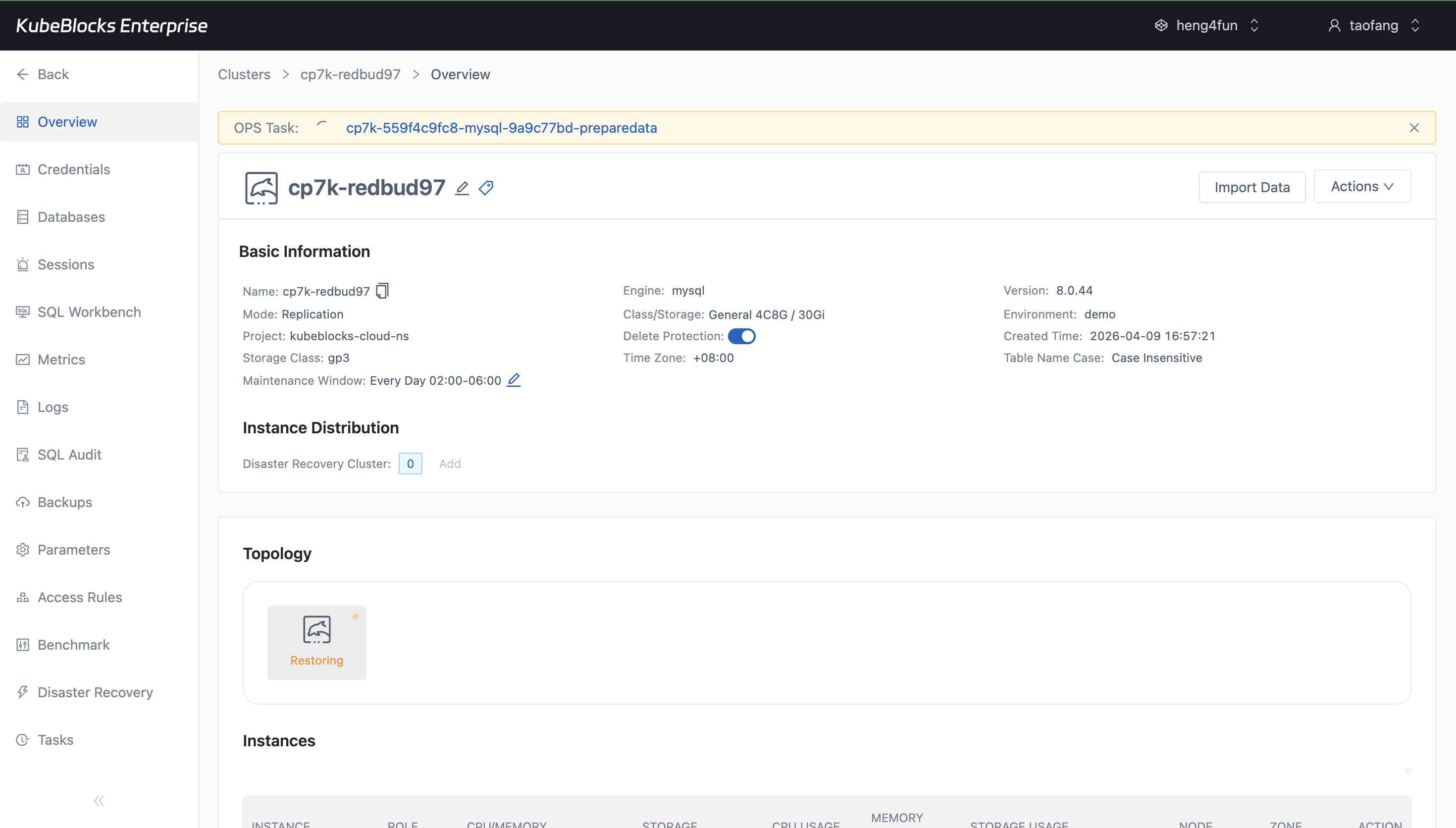 KubeBlocks Enterprise MySQL restored cluster overview showing restore progress